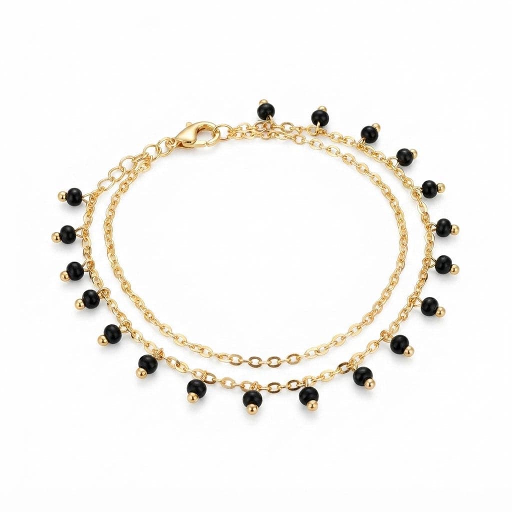 Brass with Gold Plated Black Crystal Stones Arranged Double Chain Anklet