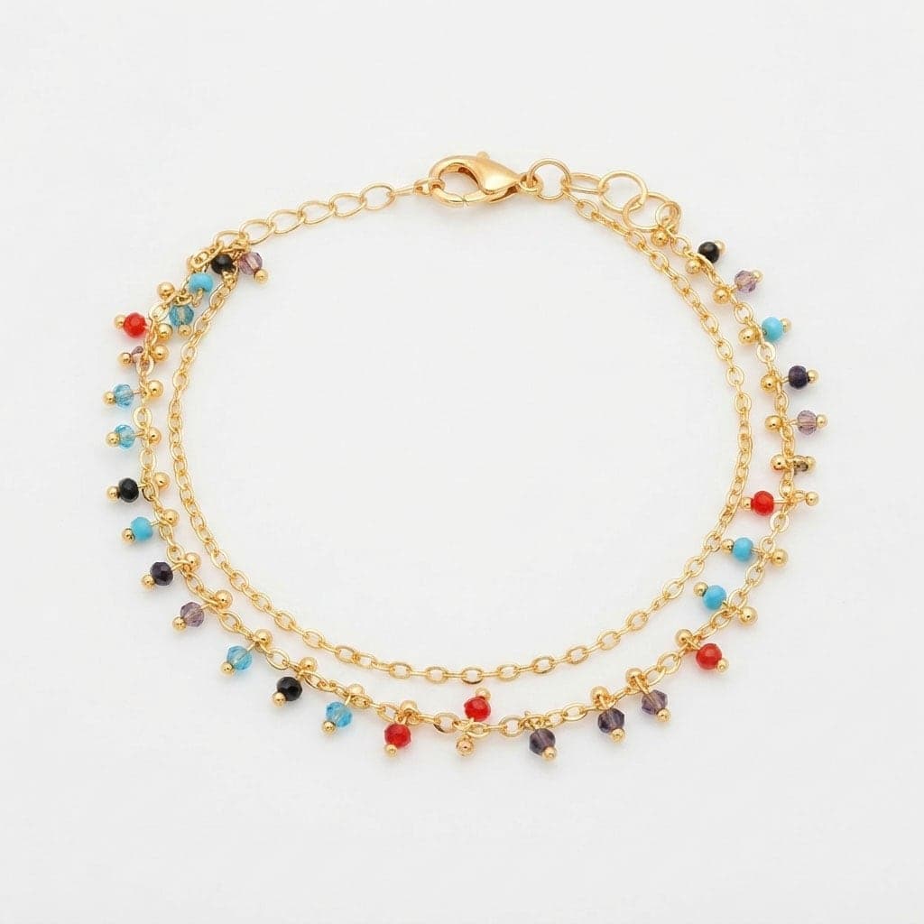 Brass with Gold Plated Colorful Crystal Stone Arranged Double Chain Anklet
