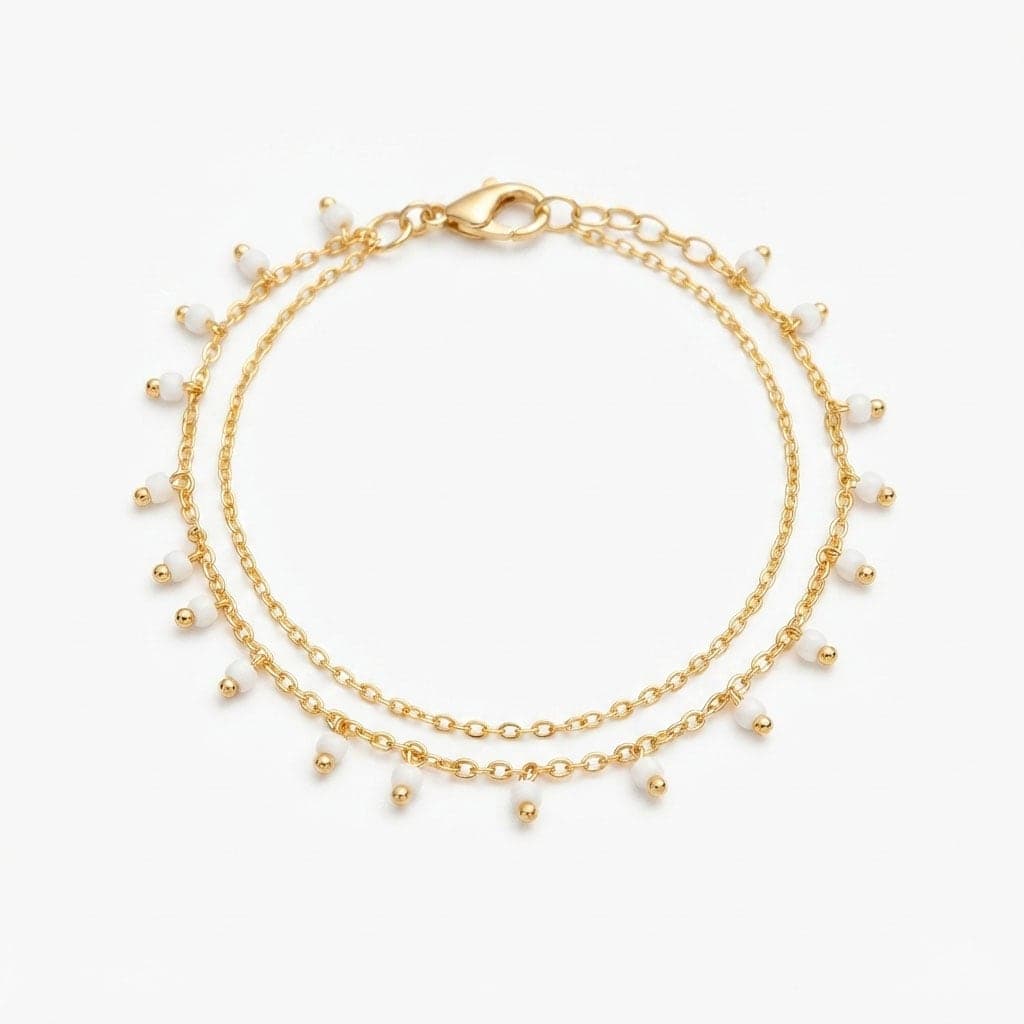 Brass with Gold Plated White Color Crystal Stone Arranged Double Chain Anklet