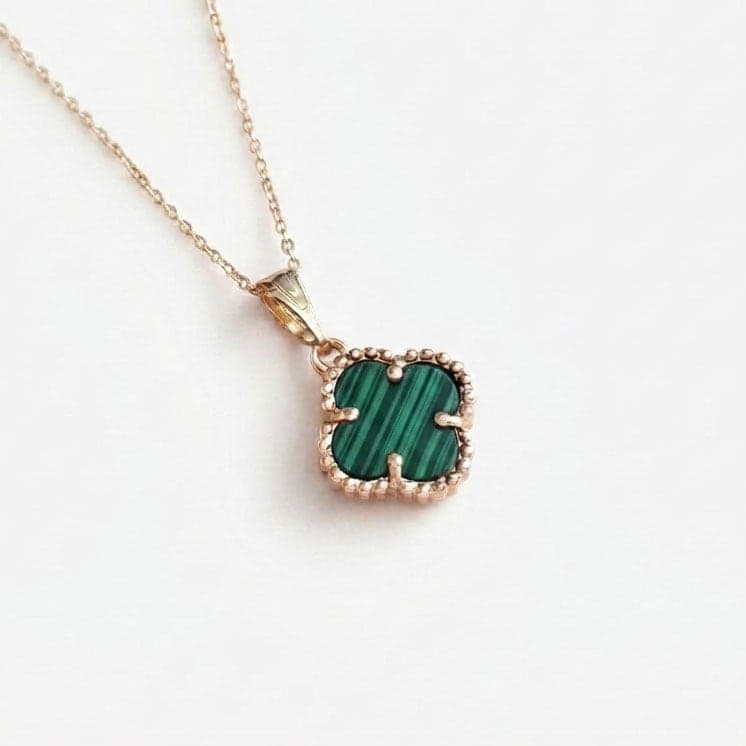 Gold Plated Malachite Stone Clover Pendant Necklace on Brass