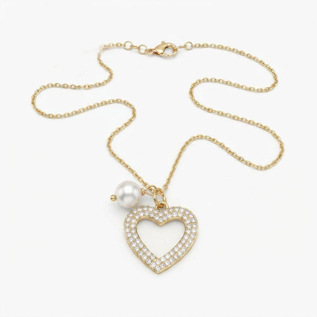 Gold Plated Zircon Stone Heart and Pearl Pendant Necklace on Brass