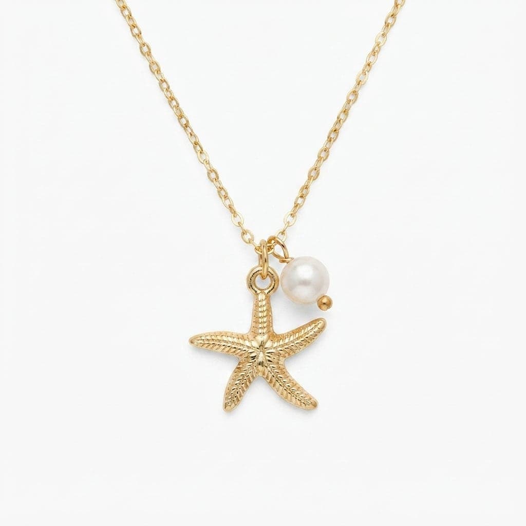 Gold Plated Starfish and Pearl Pendant Necklace in Brass