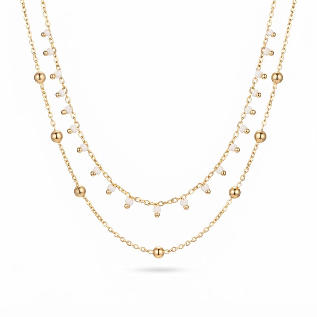 Gold Plated White Color Crystal Stone Arranged Double Necklace on Brass