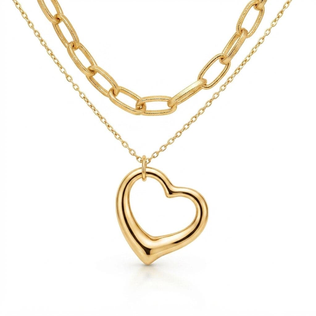 Gold Plated Heart Pendant Double Chain Necklace on Brass