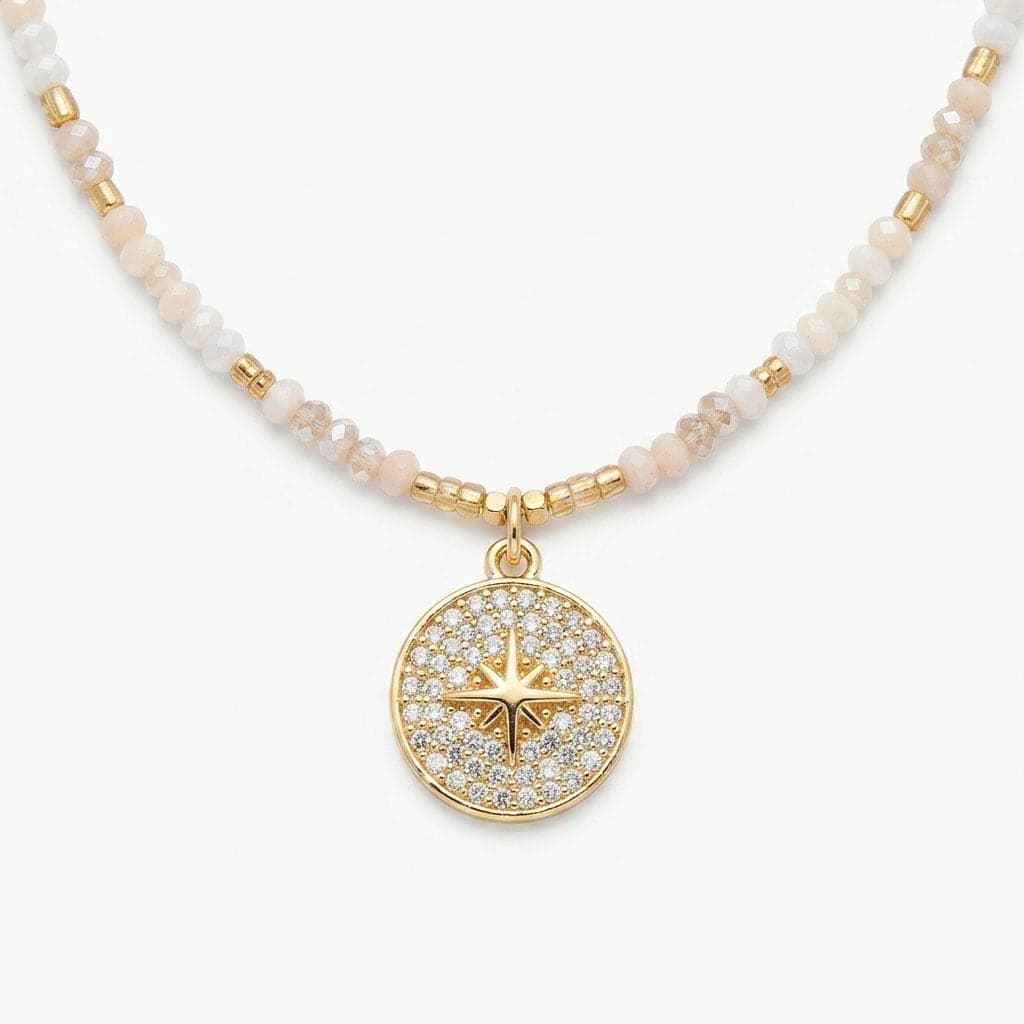Gold Plated Zircon Stone Pole Star Pendant Necklace with Crystal Stones on Brass