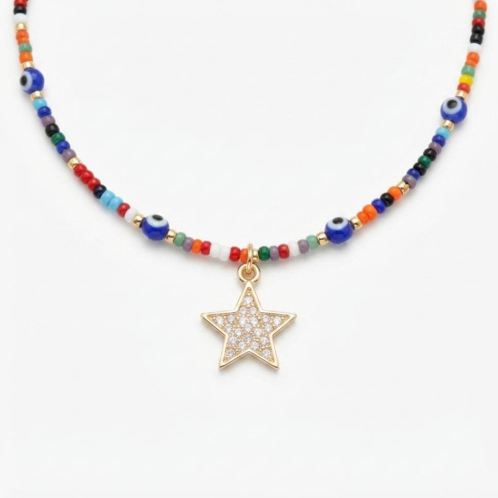 Gold Plated Zircon Stone Star Pendant Necklace with Miyuki Bead String on Brass