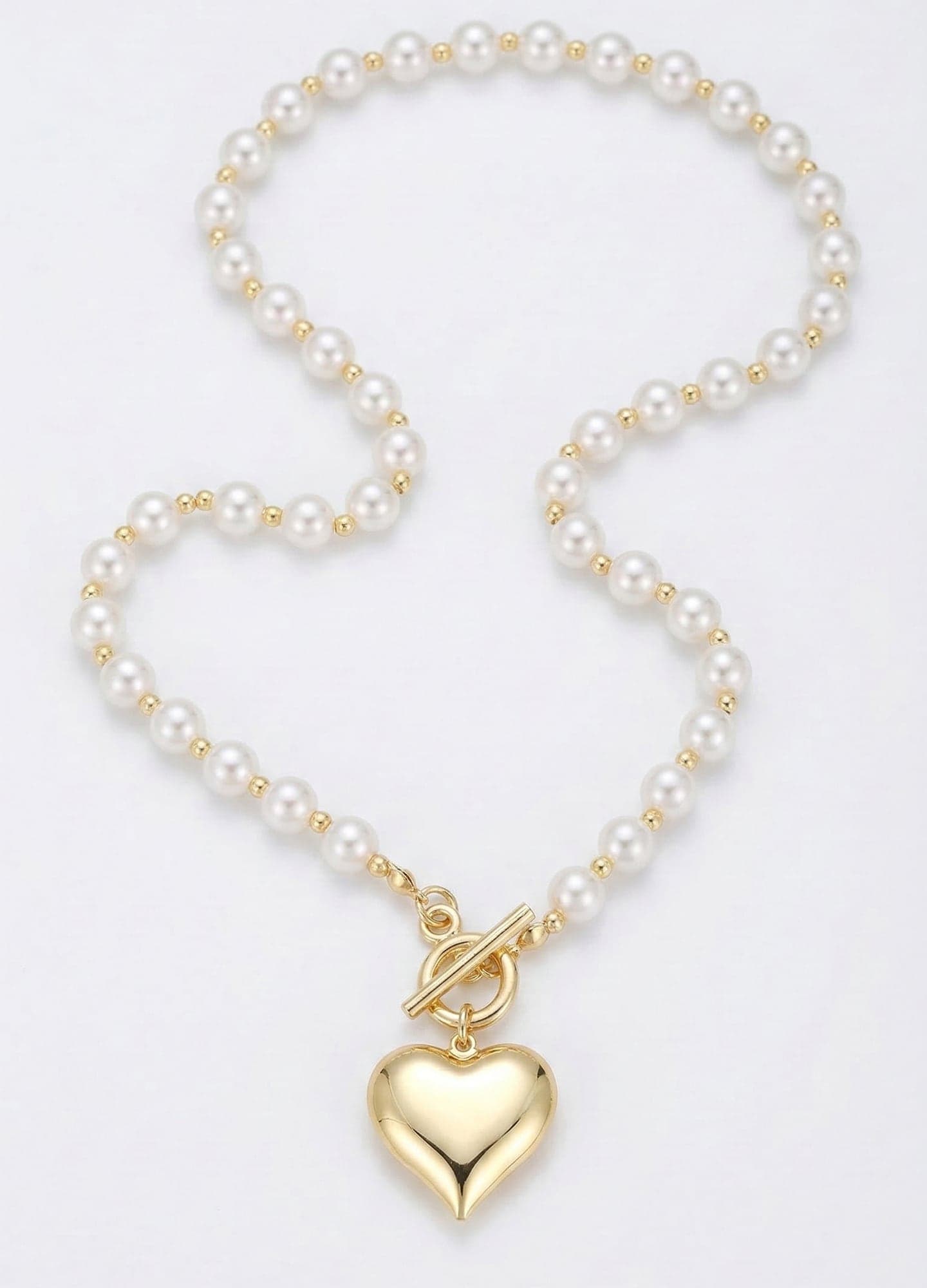 Gold-Plated Brass, Plastic Pearl Strung and Heart Pendant Necklace