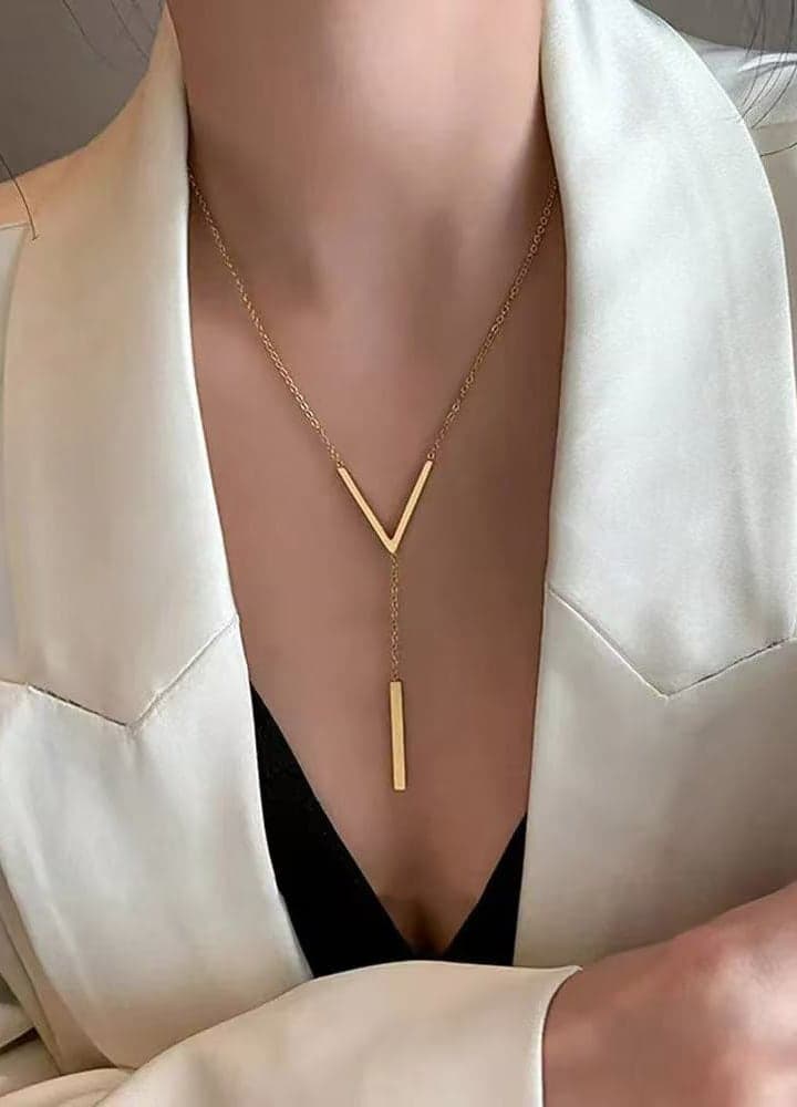 Gold-Plated Brass Bar Pendant with Dangle Chain Necklace