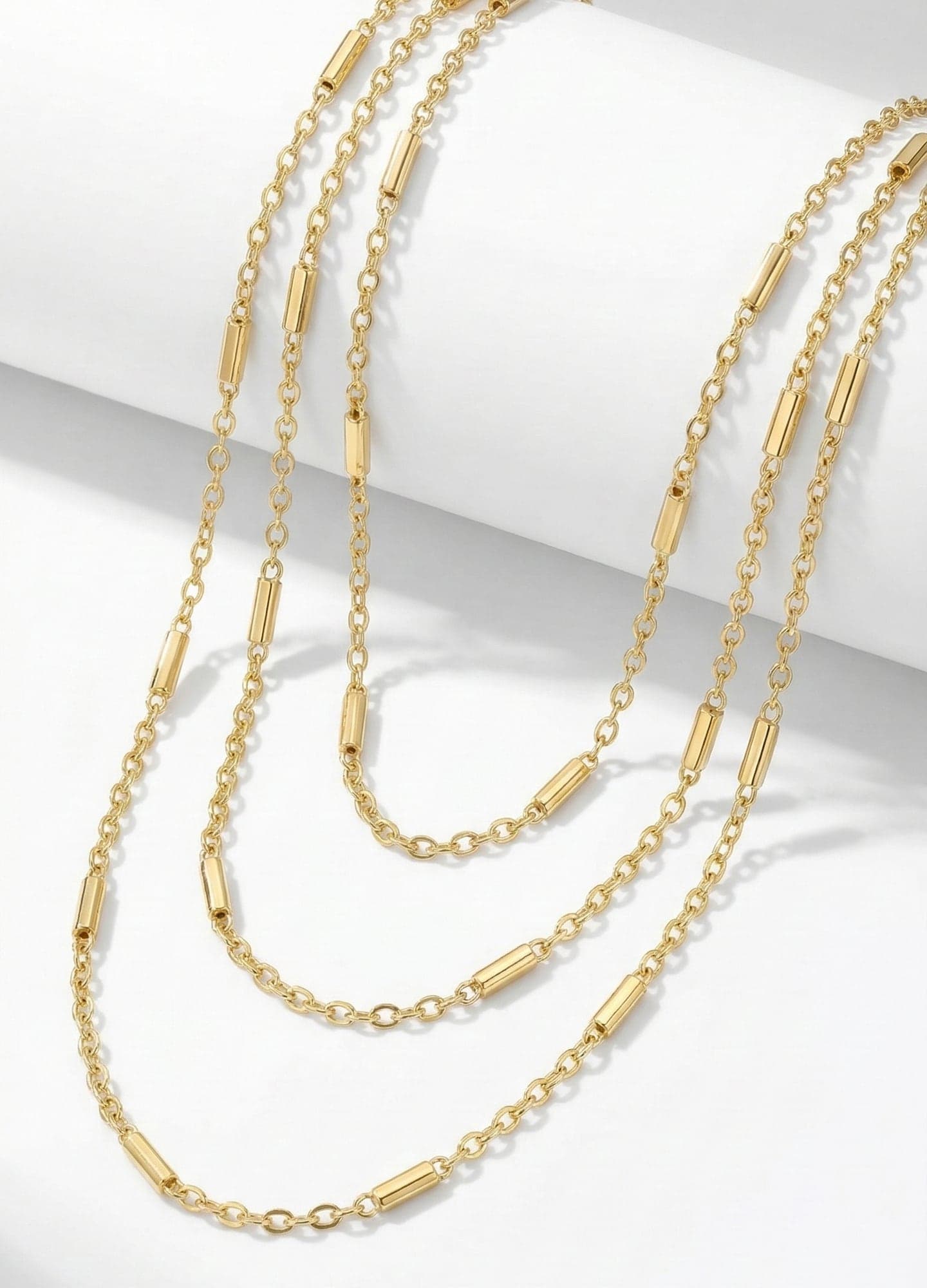 Gold-Plated Brass, Bar Rod Detailed Three-Chain Necklace