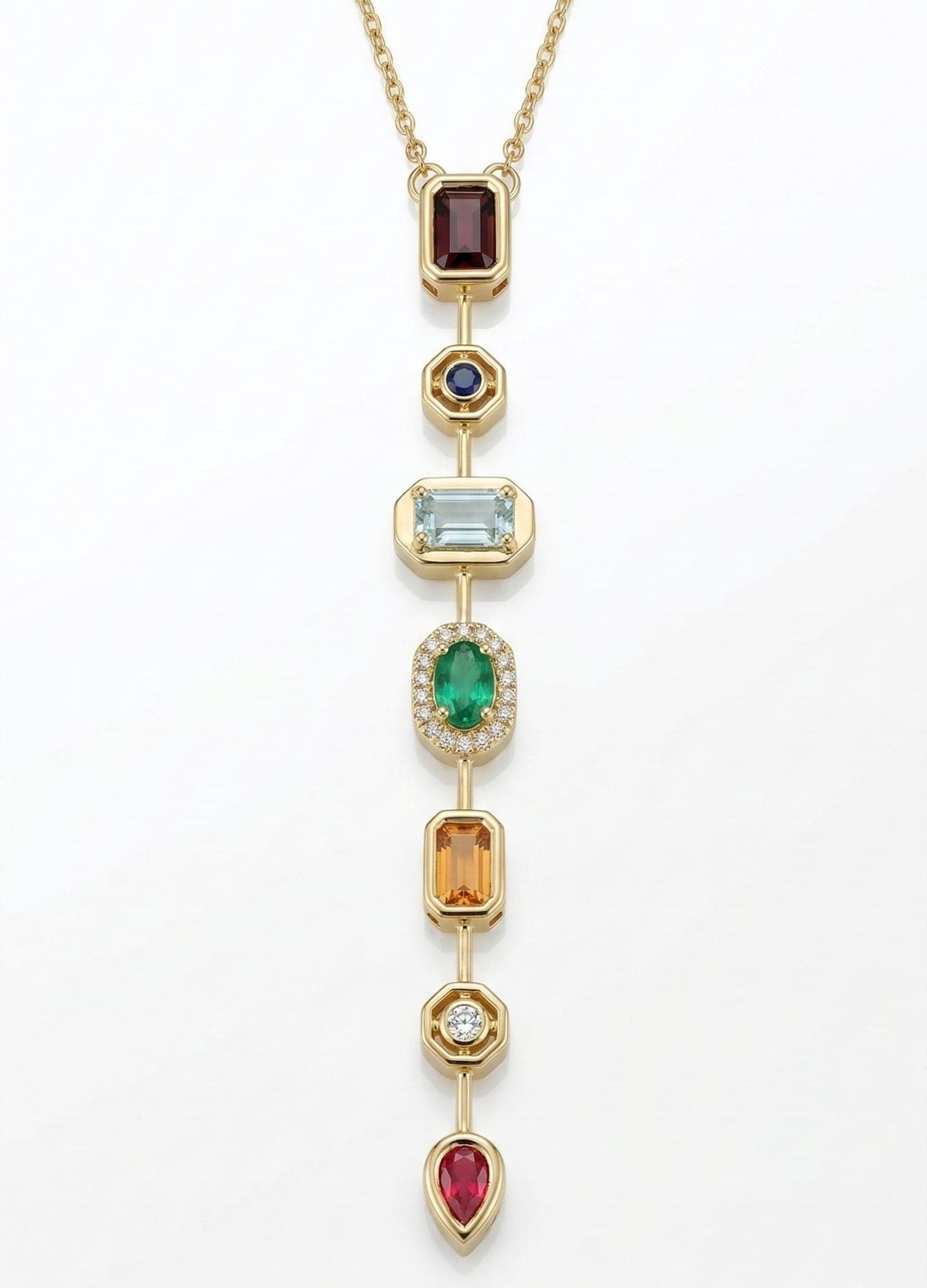 Gold-Plated Brass, Mixed Color Zircon Stone Dangle Necklace