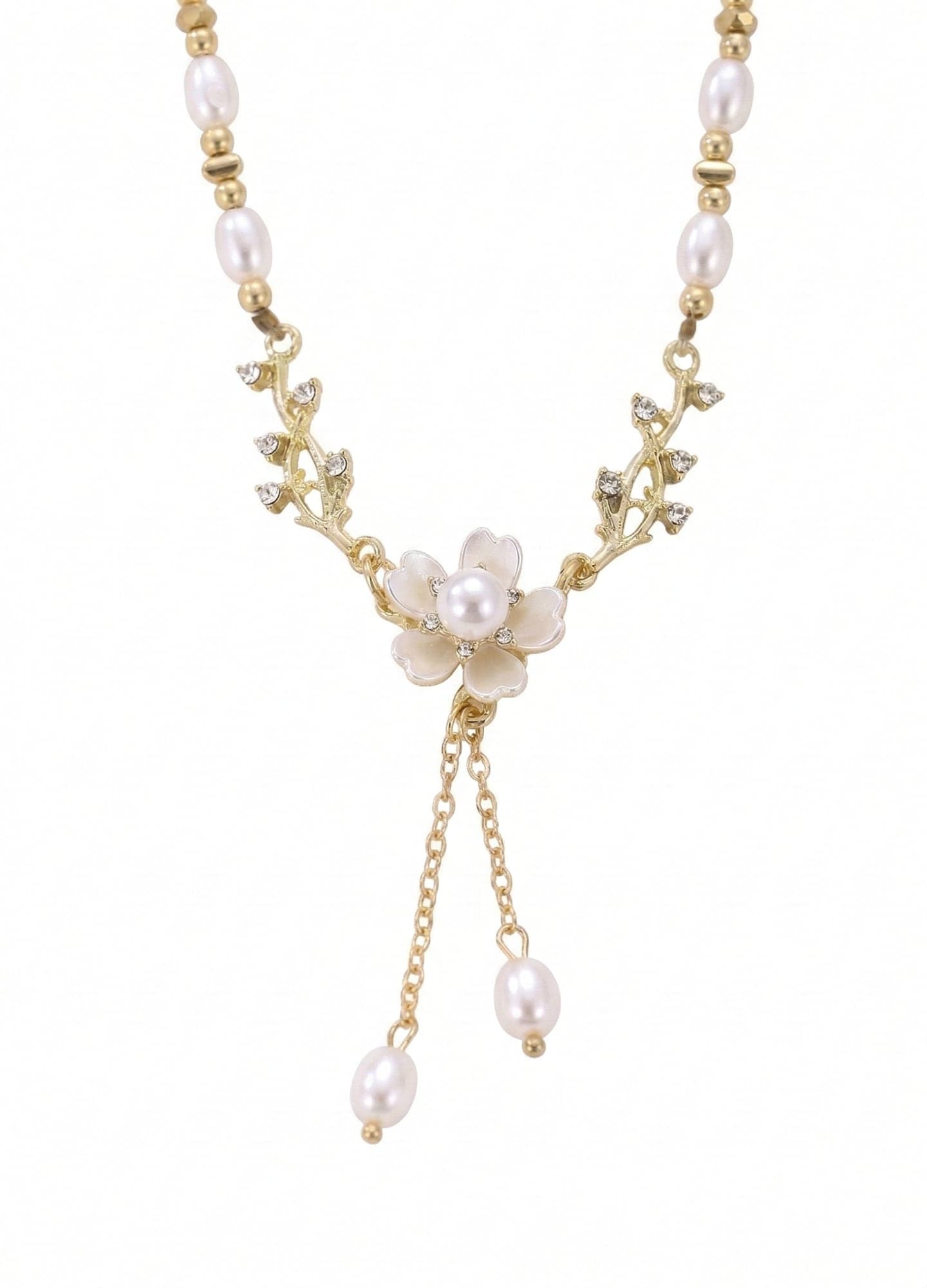 Gold Plated Brass Plastic Pearl String Zircon Stone Daisy and Pearl Pendant Necklace