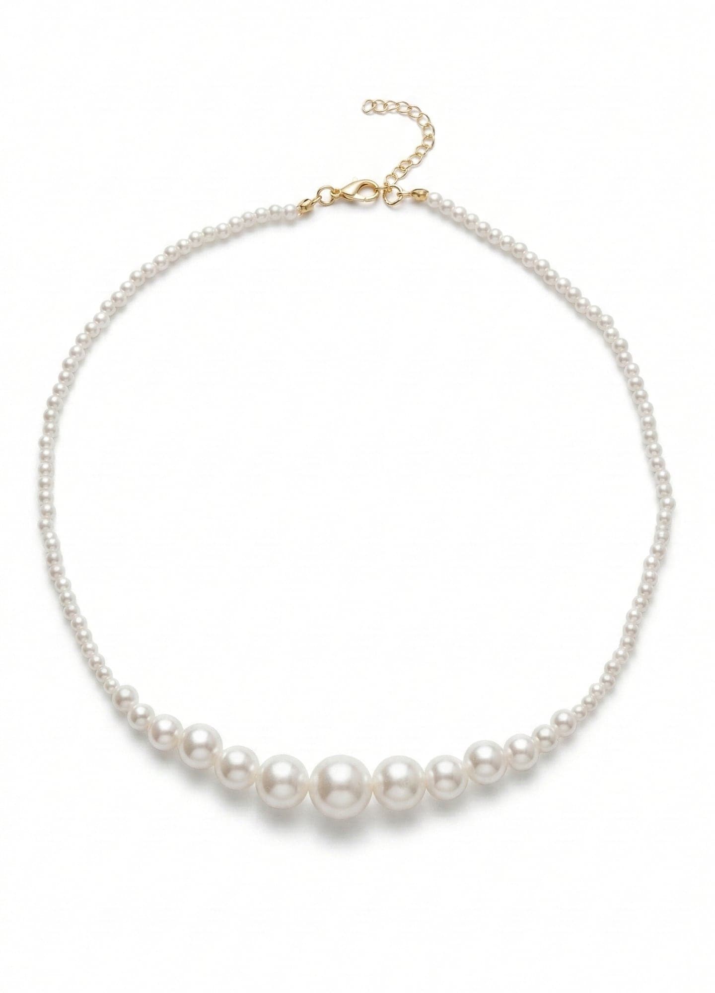 Gold-Plated Brass Necklace with Plastic Pearls Strung in Various Sizes