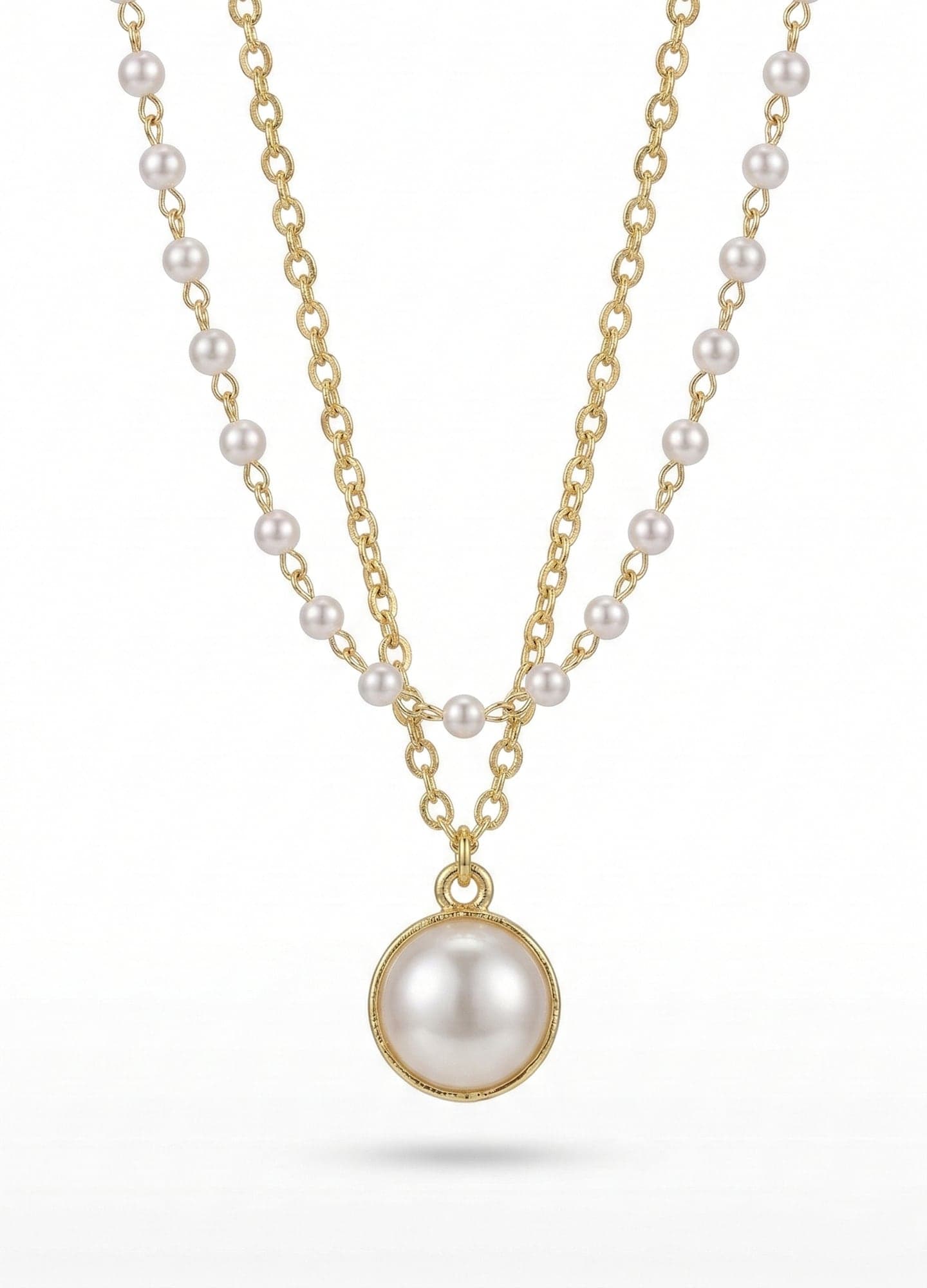 Gold-Plated Brass, Plastic Pearl Strung and Pearl Dangling Double Necklace
