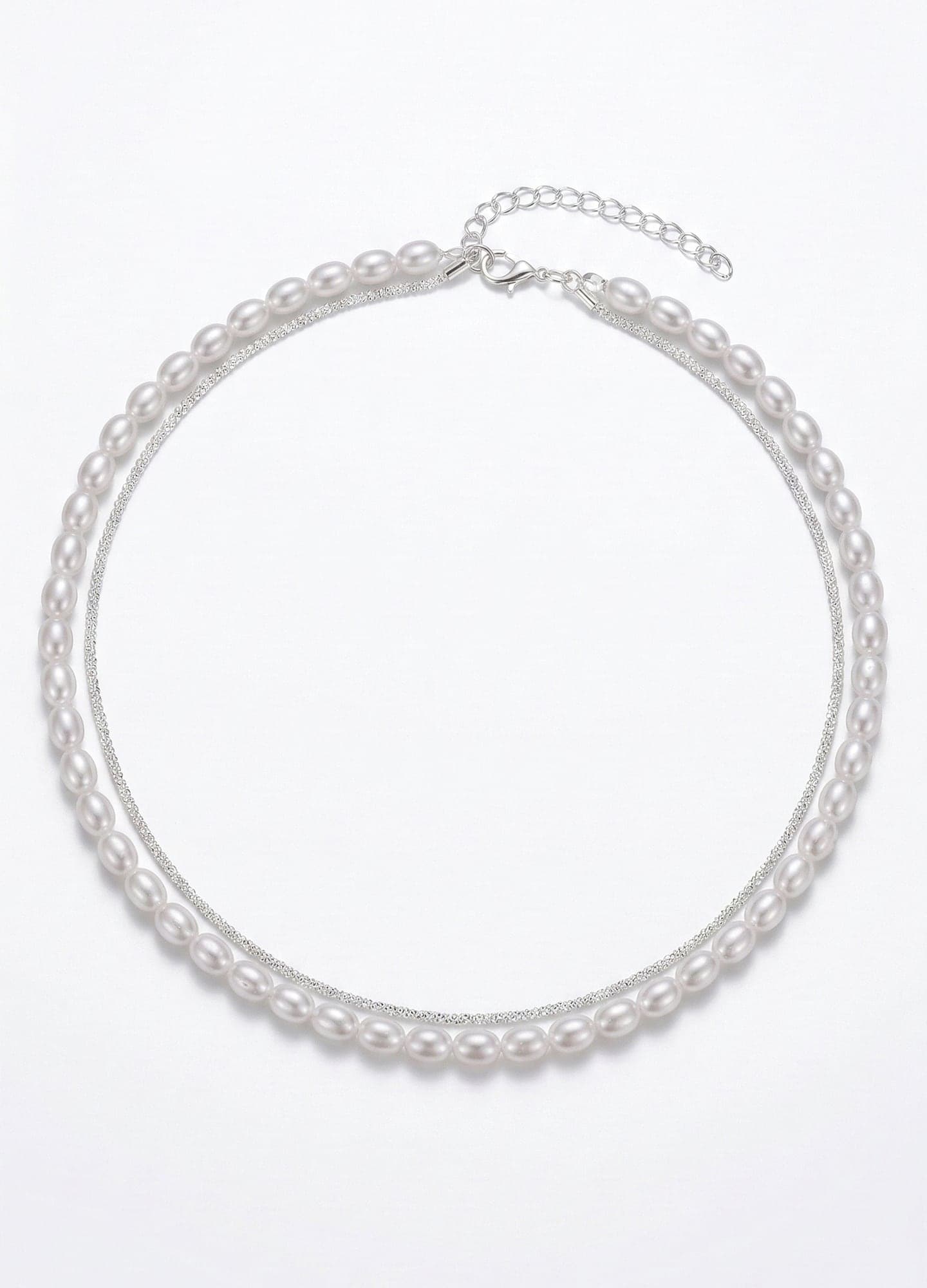 Silver-Tone Plated Brass, Plastic Pearl Strung Double Chain Necklace