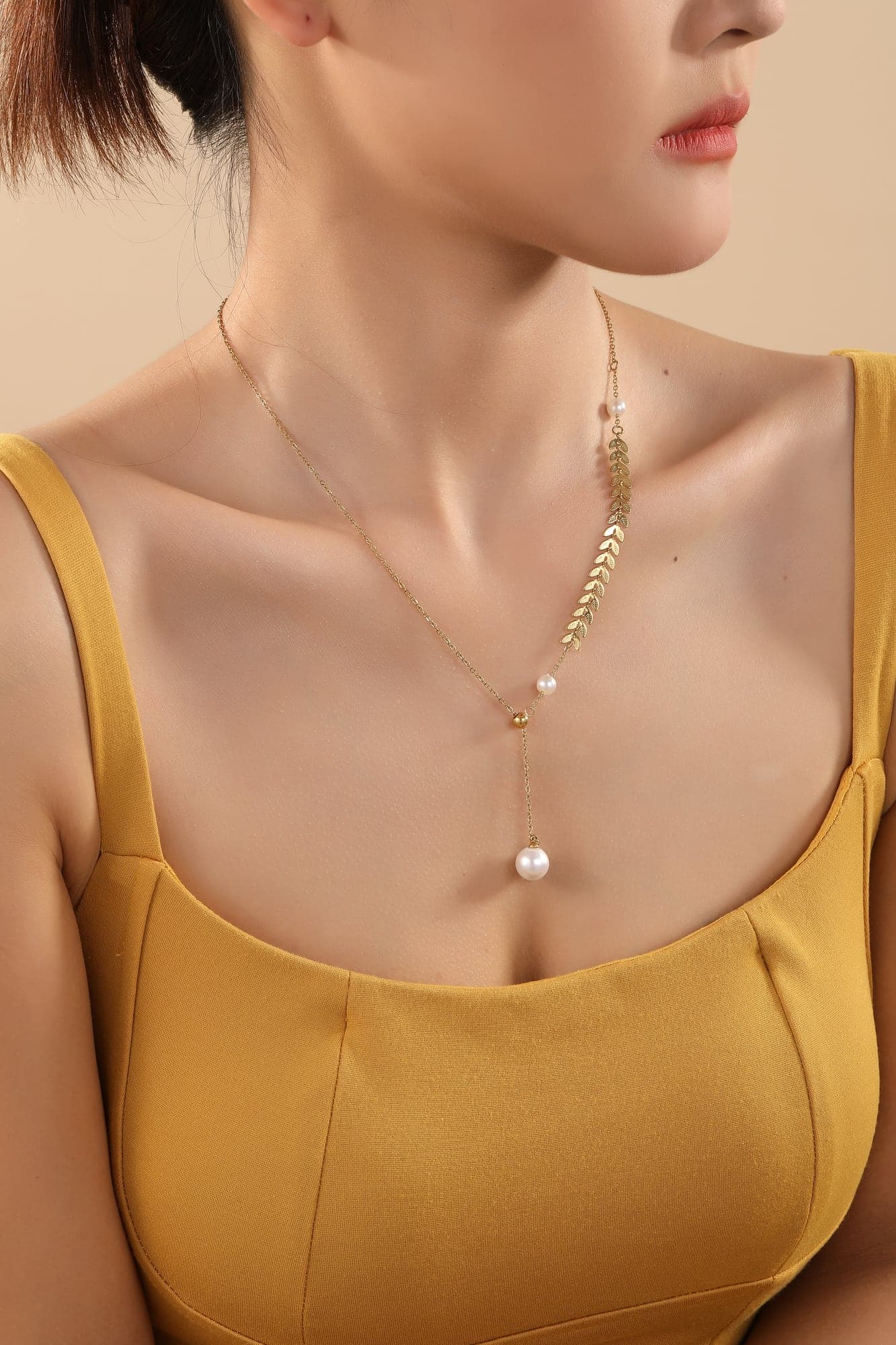 Gold-Plated Brass, Plastic Pearl Dangle Chain Necklace with Detailed Chain