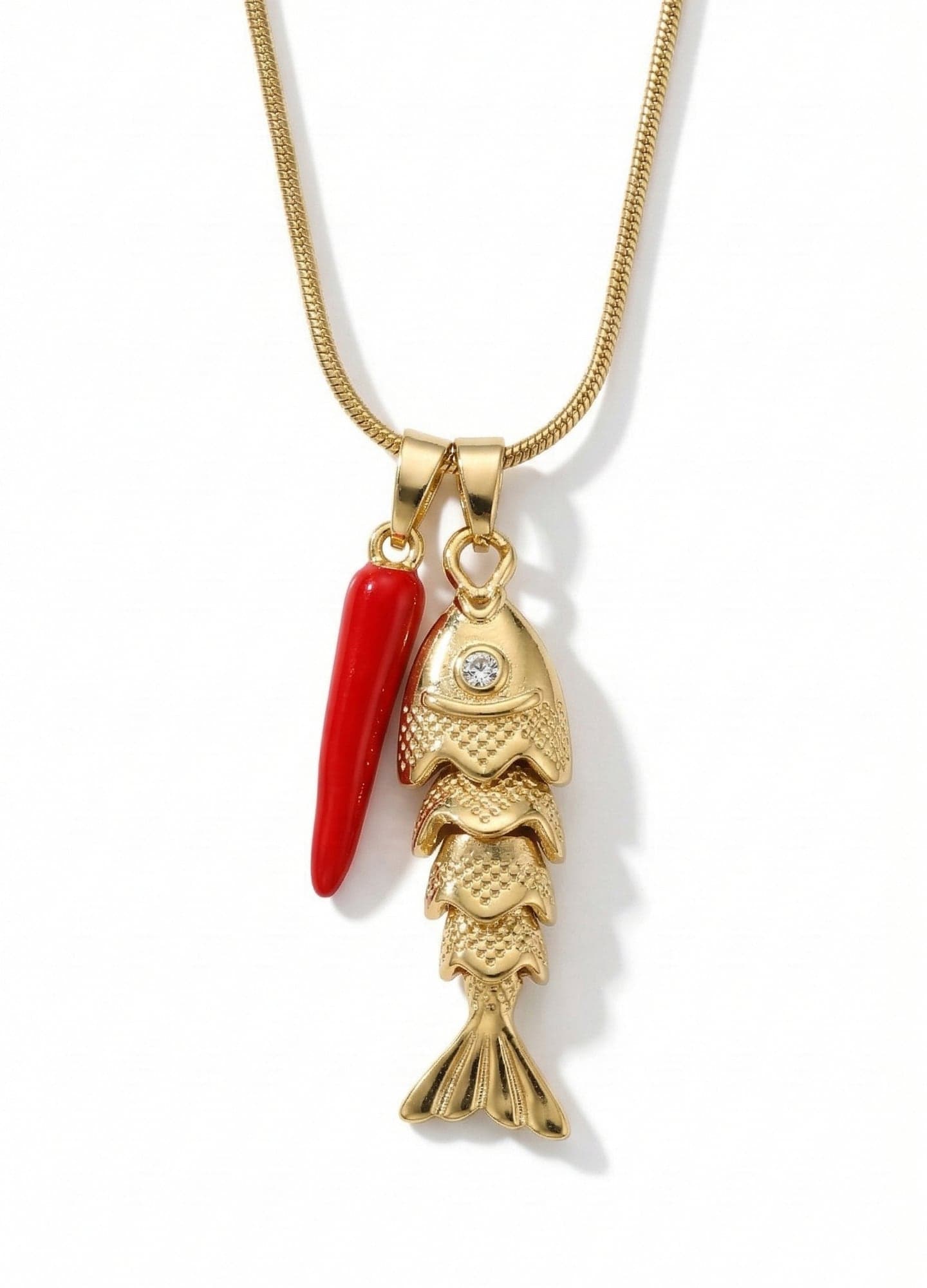 Gold-Plated Brass, Zircon Stone Fish Eye and Red Pepper Figure Dangle Necklace