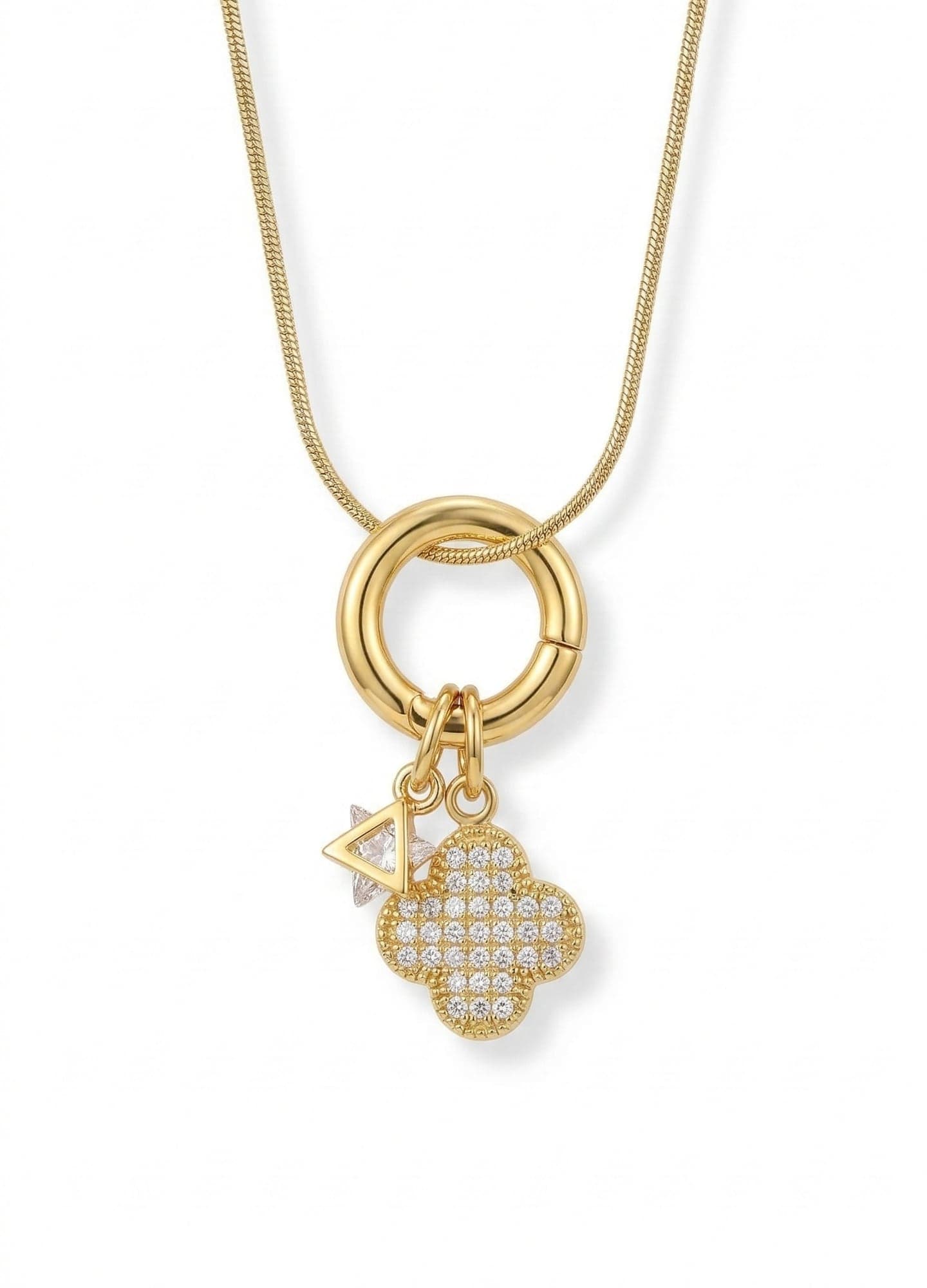 Gold-Plated Brass, Flat Chain Necklace with Zircon Stone Shamrock Pendant