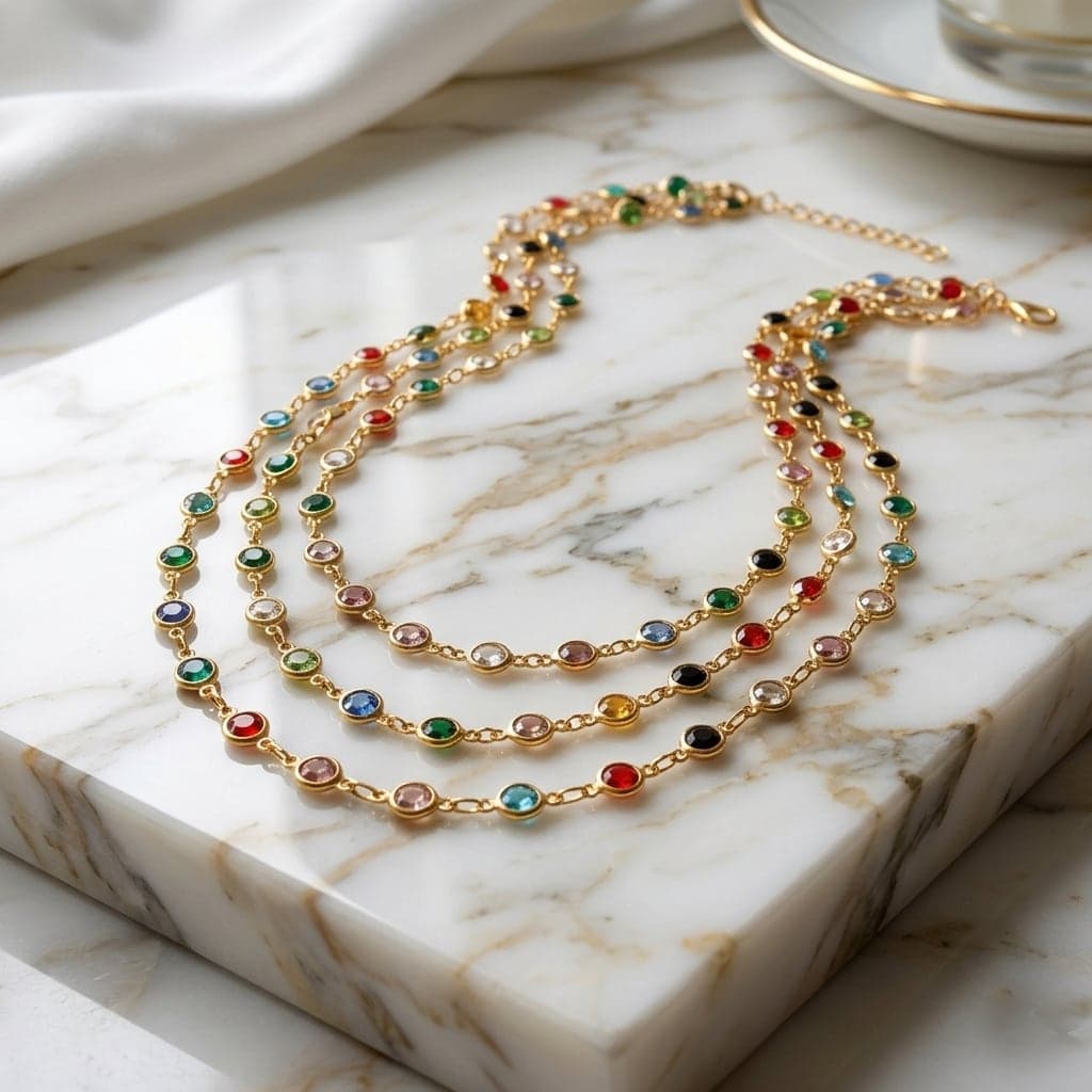 Gold-Plated Brass, Colorful Zircon Stone Three-Chain Necklace