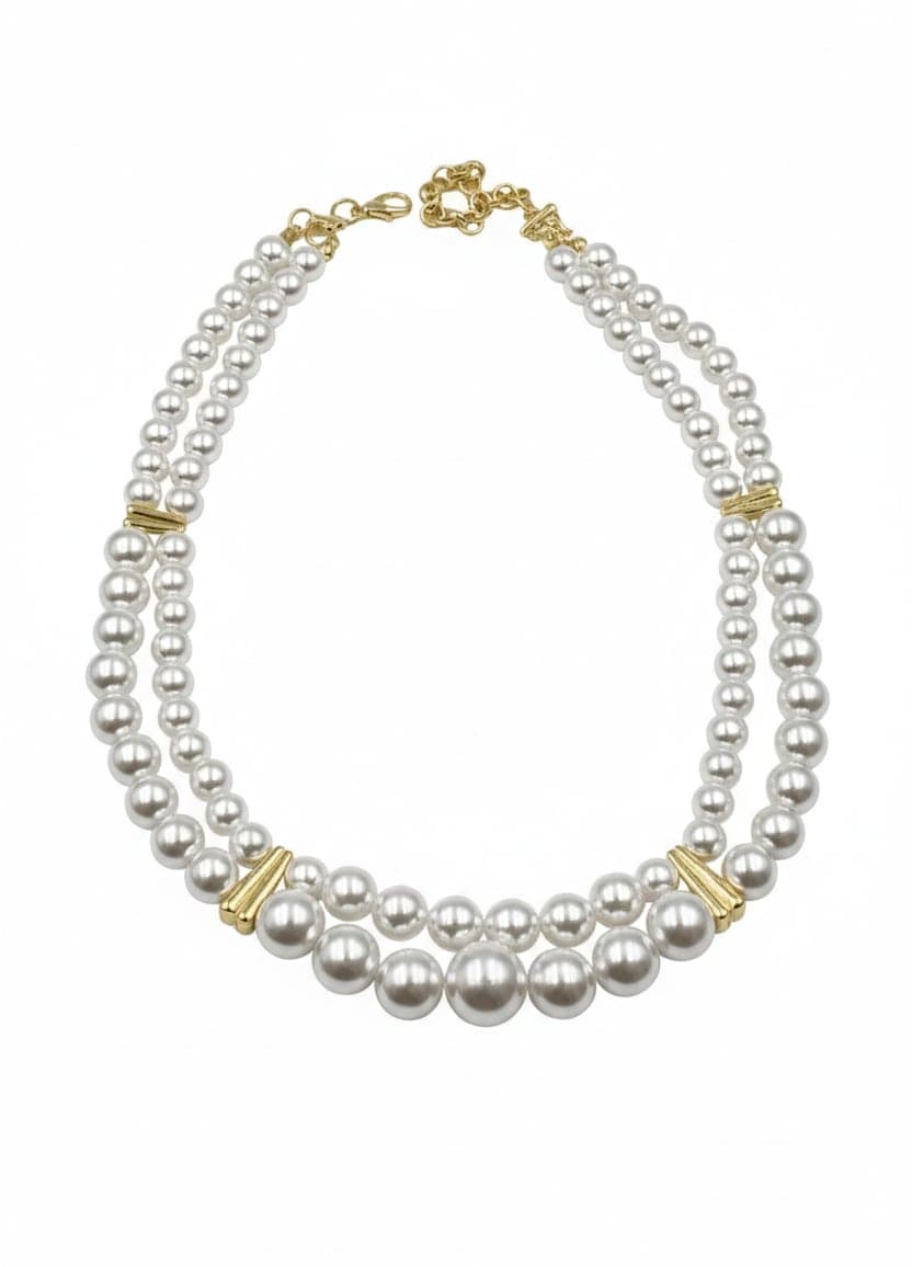 Gold-Plated Brass, Plastic Pearl Strung Double Necklace