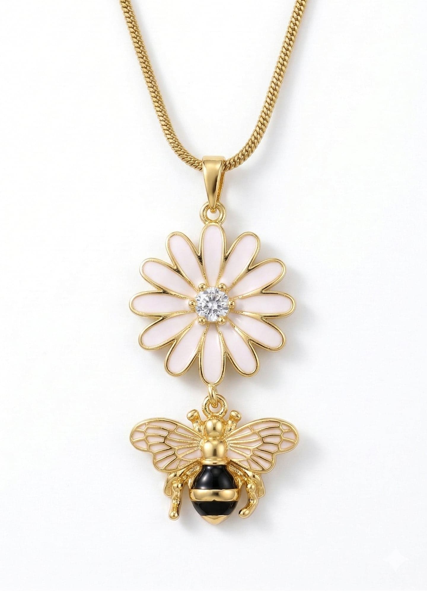 Gold-Plated Brass, Zircon Stone Daisy and Bee Pendant Necklace