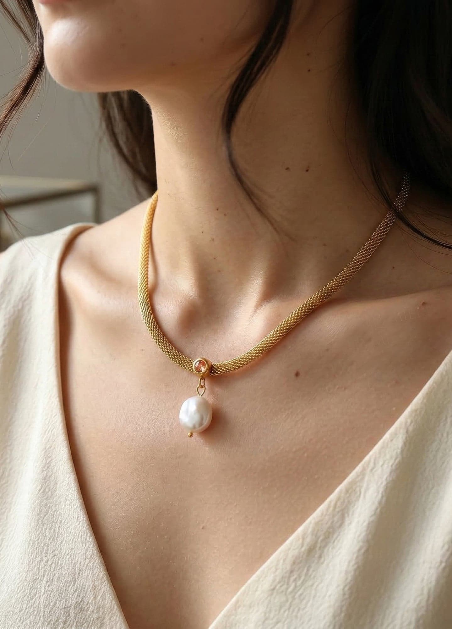 Gold-Plated Brass, Zircon Stone, and Pearl Dangle Flat Chain Necklace