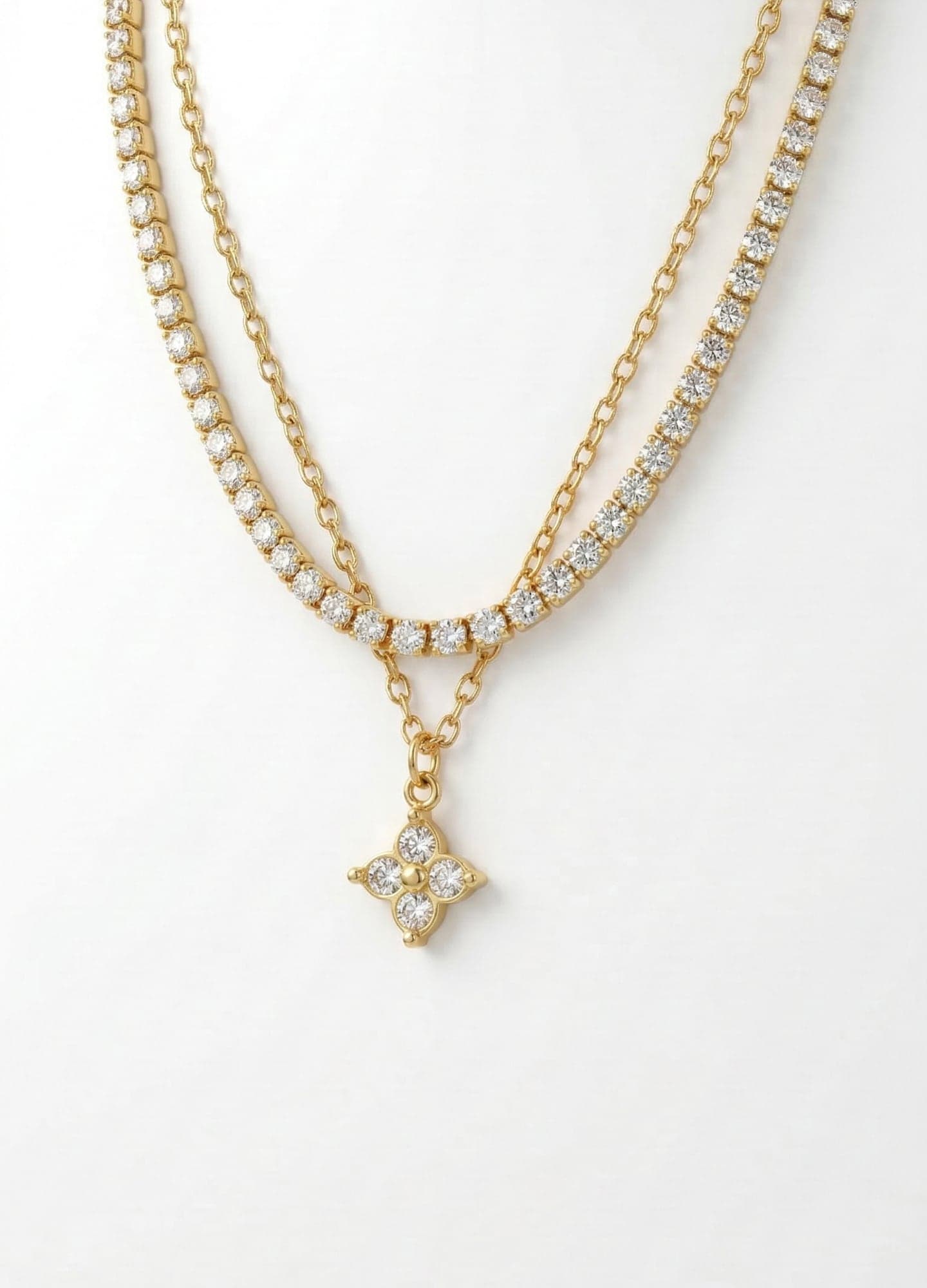 Gold-Plated Brass, Zircon Stone-Set and Zircon Stone-Studded Four-Leaf Clover Pendant Double Necklace