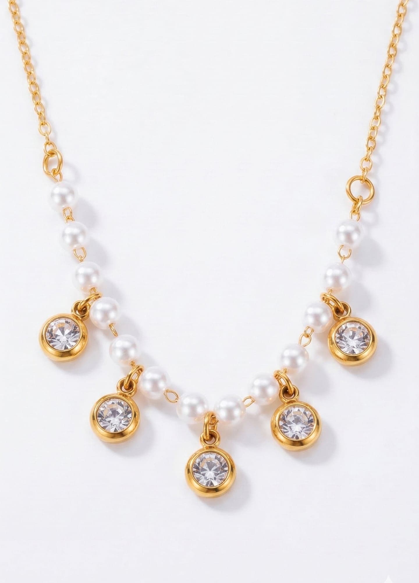 Gold-Plated Brass, Plastic Pearl Strung and Zircon Stone Dangling Double Necklace