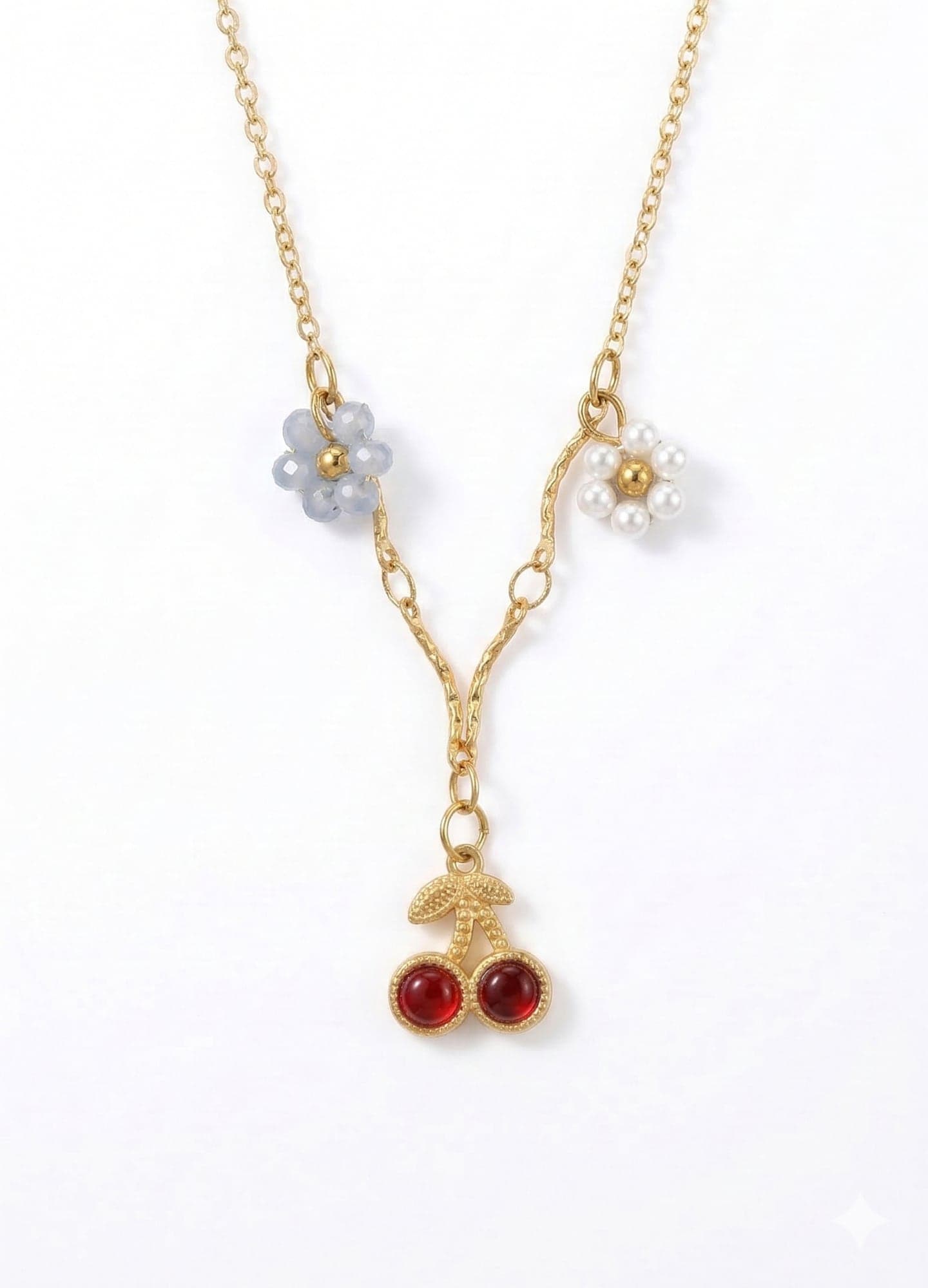 Gold-Plated Brass Necklace with Plastic Pearl Details and Cherry Pendants
