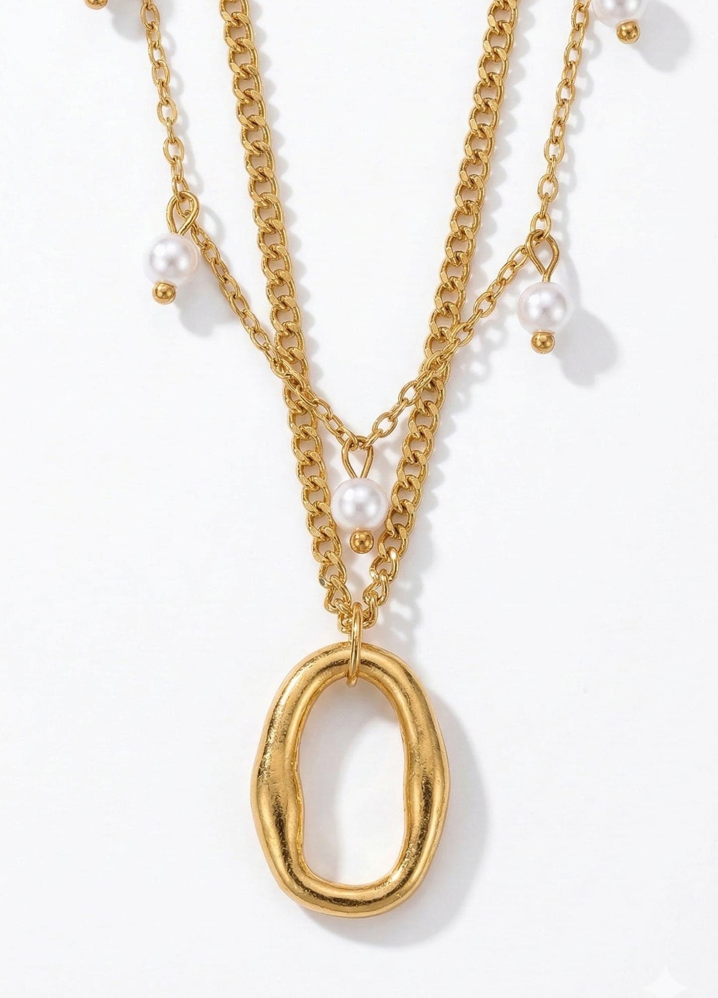 Gold-Plated Brass, Plastic Pearl Detailed and Oval Piece Dangling Double Necklace Necklace