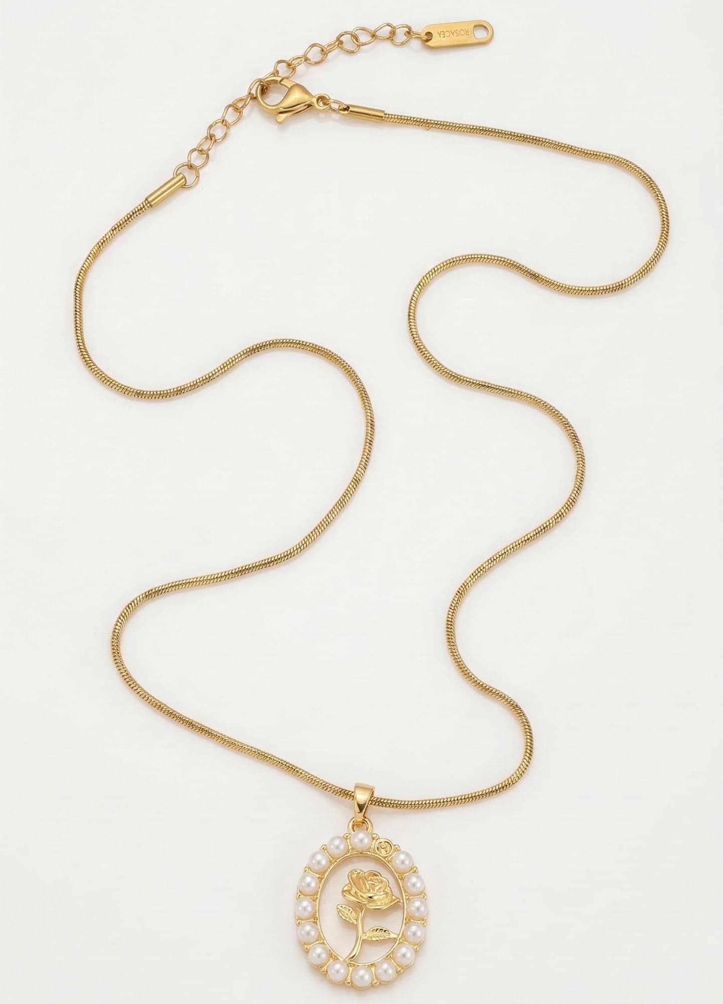 Gold-Plated Brass, Plastic Pearl-Studded Rose-Shaped Plate Dangle Necklace