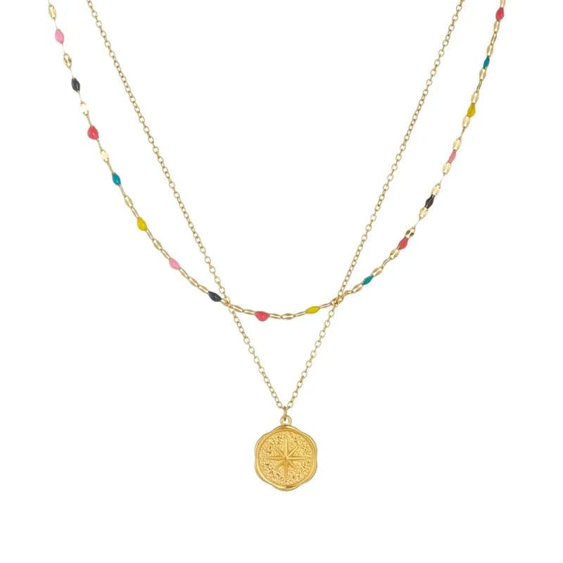 Gold-Plated Brass, Colorful Beaded Pendant and North Star Plate Pendant Double Necklace