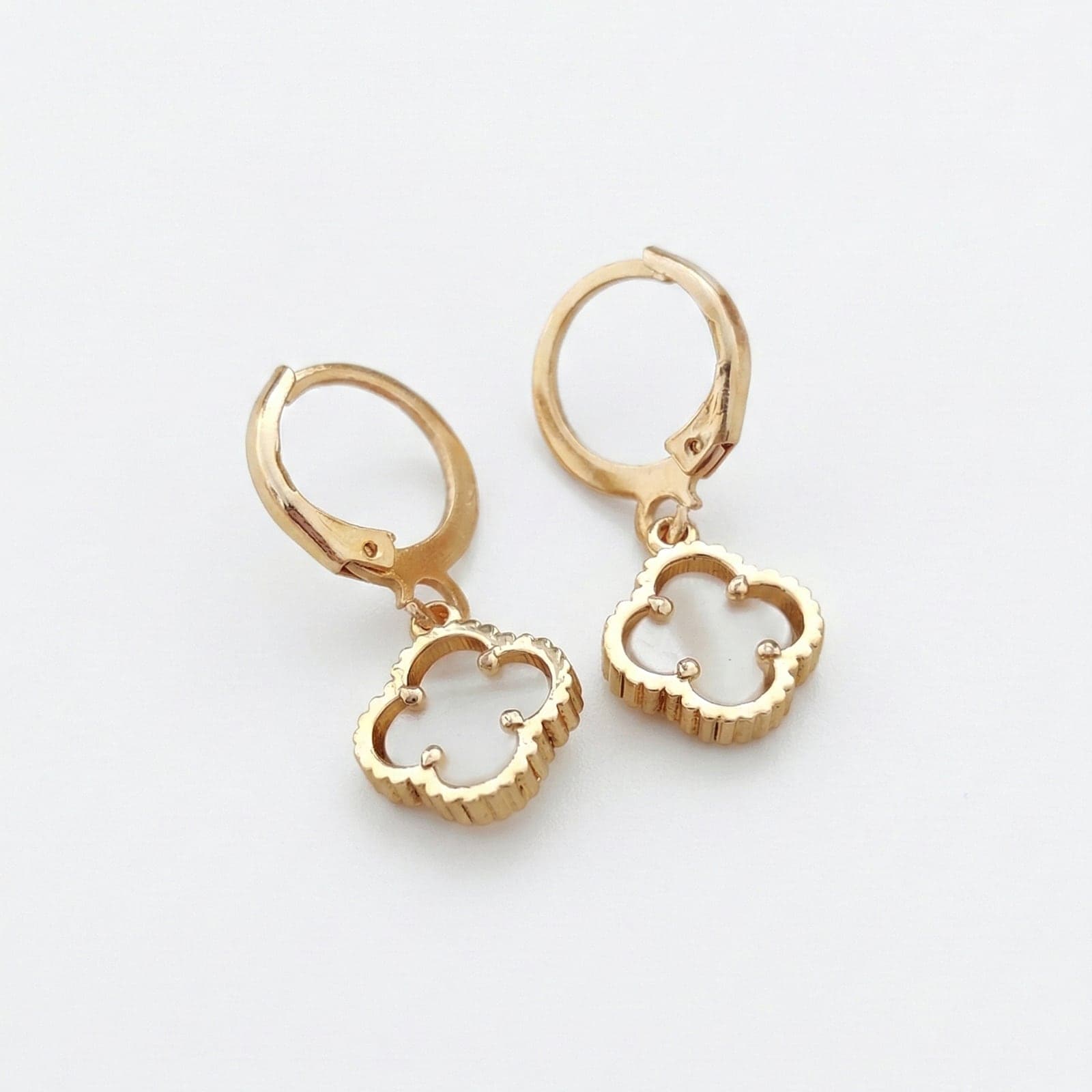 Gold Plated Brass White Clover Dangle Earrings