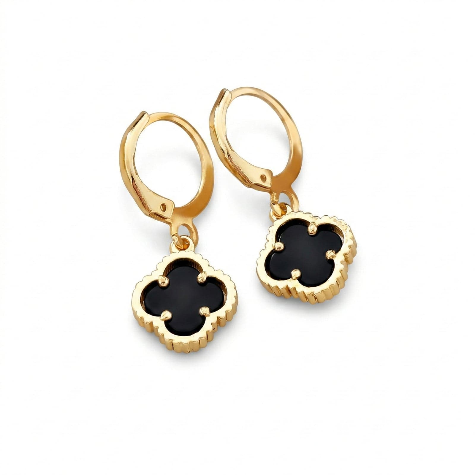 Gold Plated Brass Black Clover Dangle Earrings