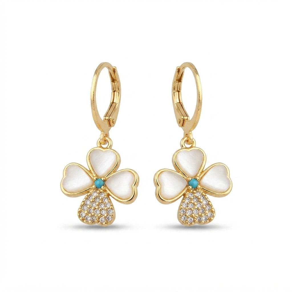 Gold Plated Brass Clover Pendant Earring with Zircon Stone and Mother of Pearl