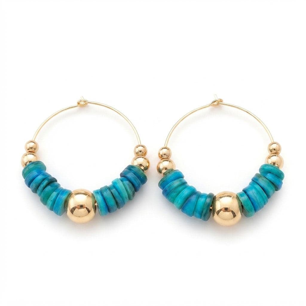 Gold Plated Brass, Coral Stone String Hoop Earrings