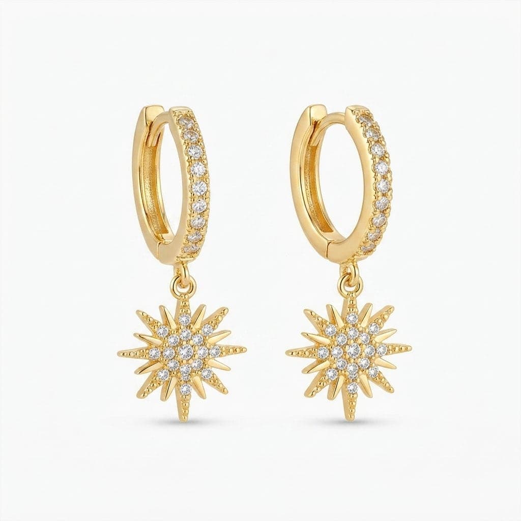 Gold Plated Zircon Stone Sun Dangle Earrings on Brass