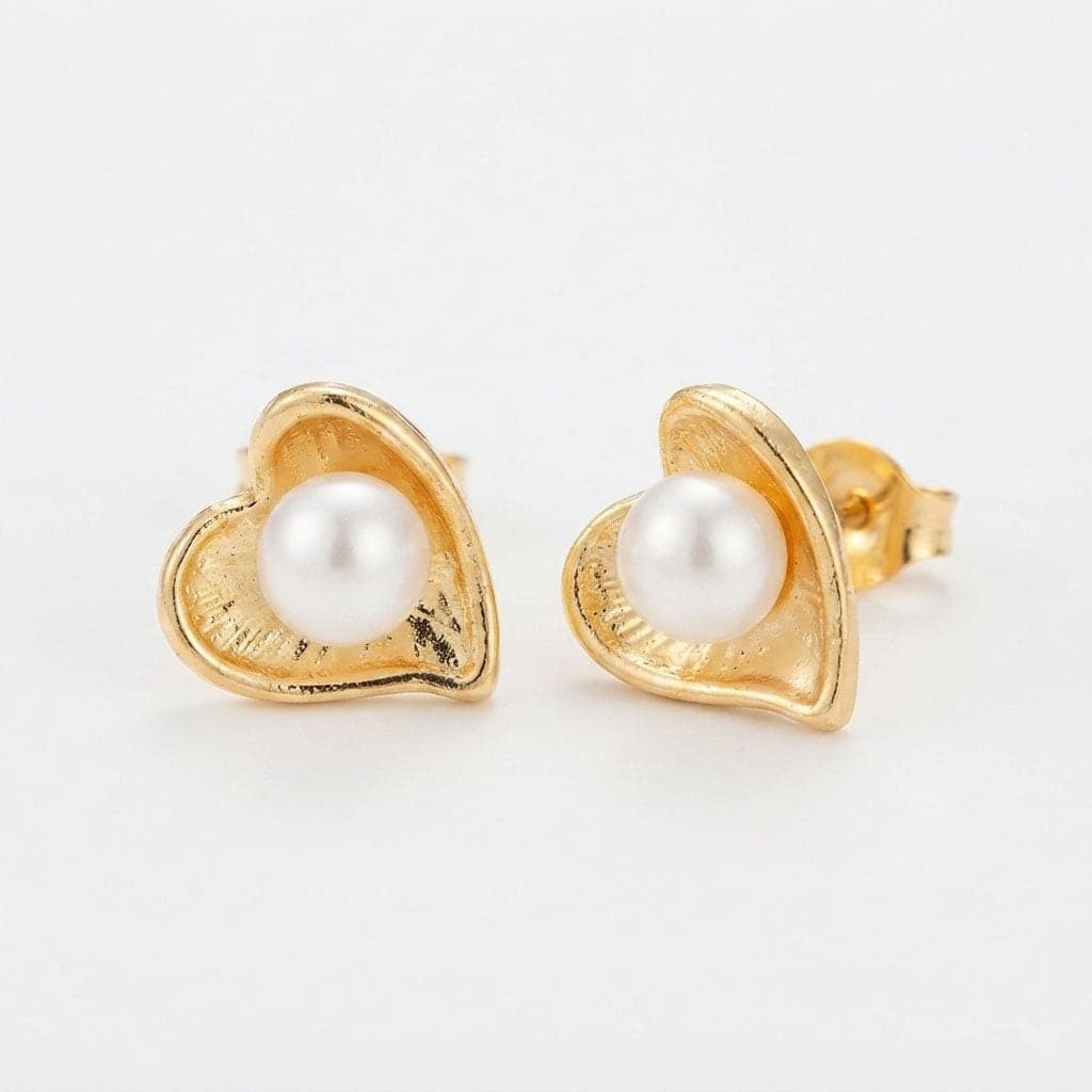 Gold Plated Heart Patterned Plastic Pearl Earrings on Brass
