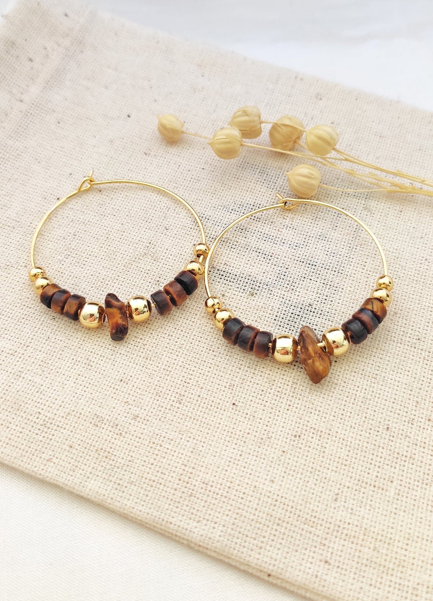 Brass Gold Plated Mother of Pearl Stone String Hoop Earrings