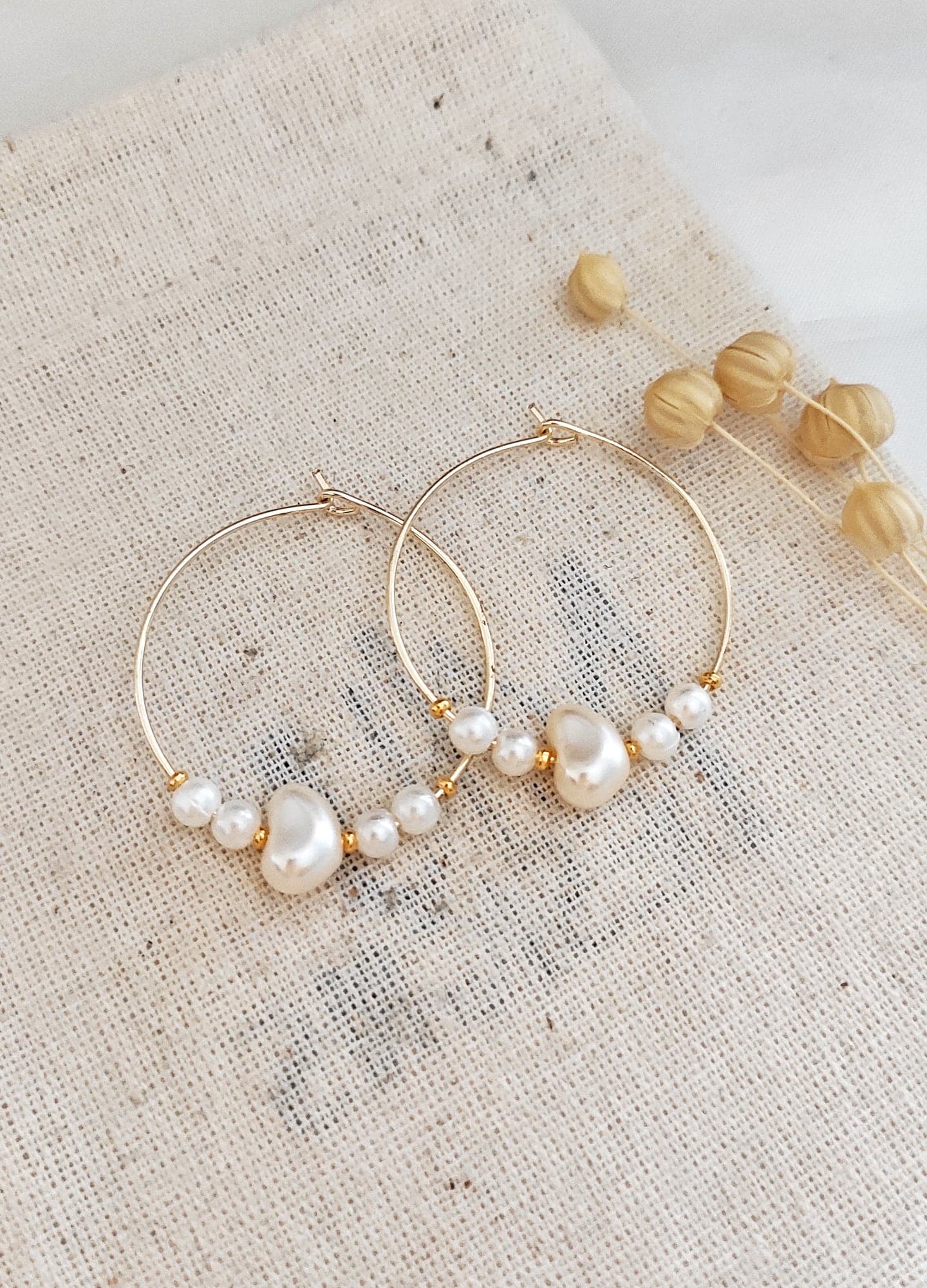 Gold Plated Plastic Pearl Hoop Earrings on Brass