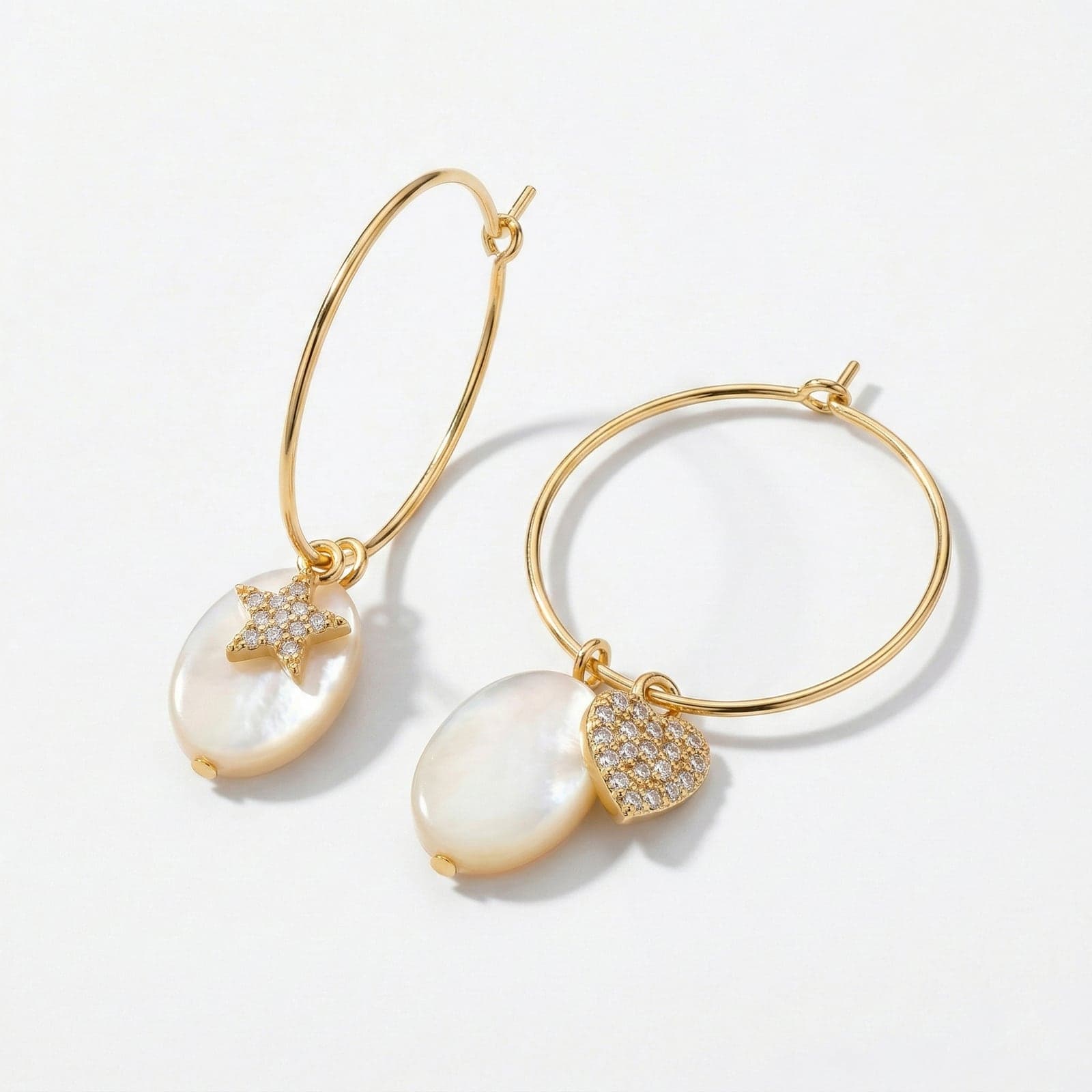 Gold Plated Mother of Pearl and Zircon Stone Star-Heart Dangle Hoop Earrings in Brass