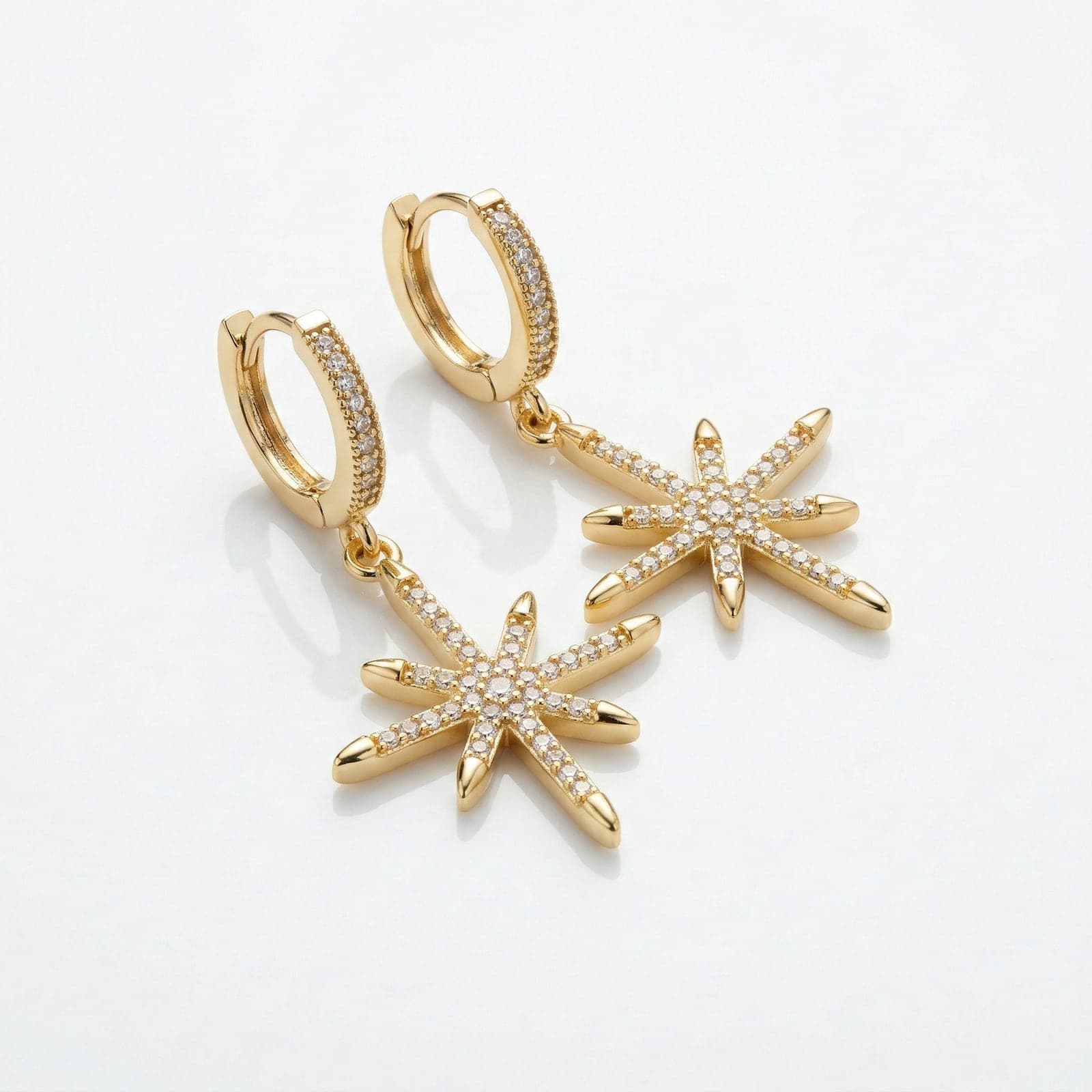Gold Plated Zircon Stone Pole Star Dangle Earrings in Brass