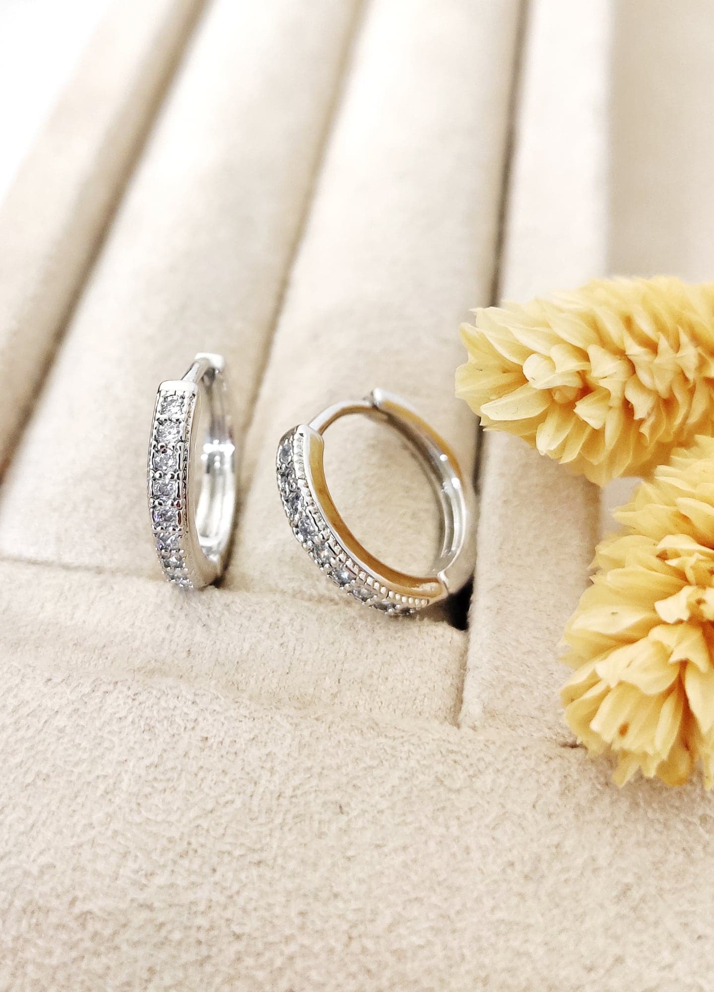 Rhodium Plated Zircon Stone Hoop Earrings in Brass