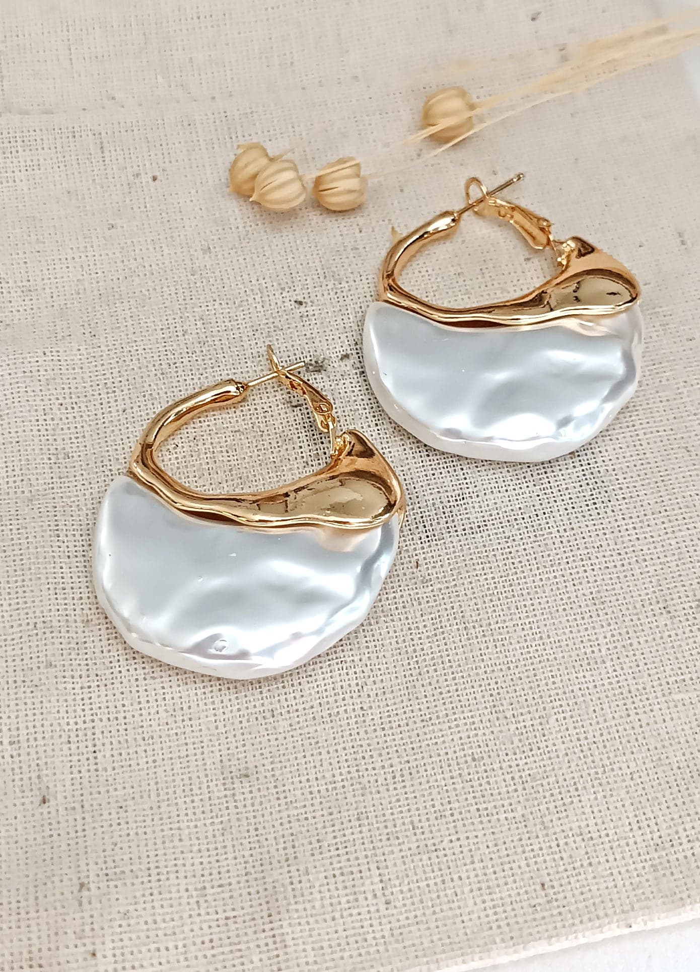 Gold Plated Brass Earrings with Plastic Pearl Detail
