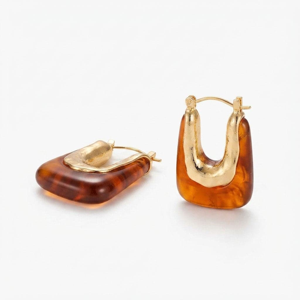 Gold-Plated Brass, Brown Enamel Square Earrings
