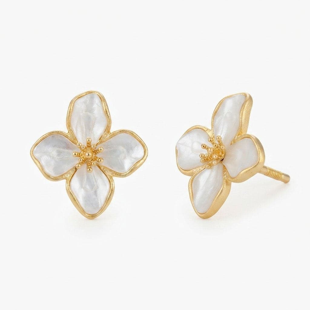 Gold-Plated Brass, White Enamel Flower Earrings