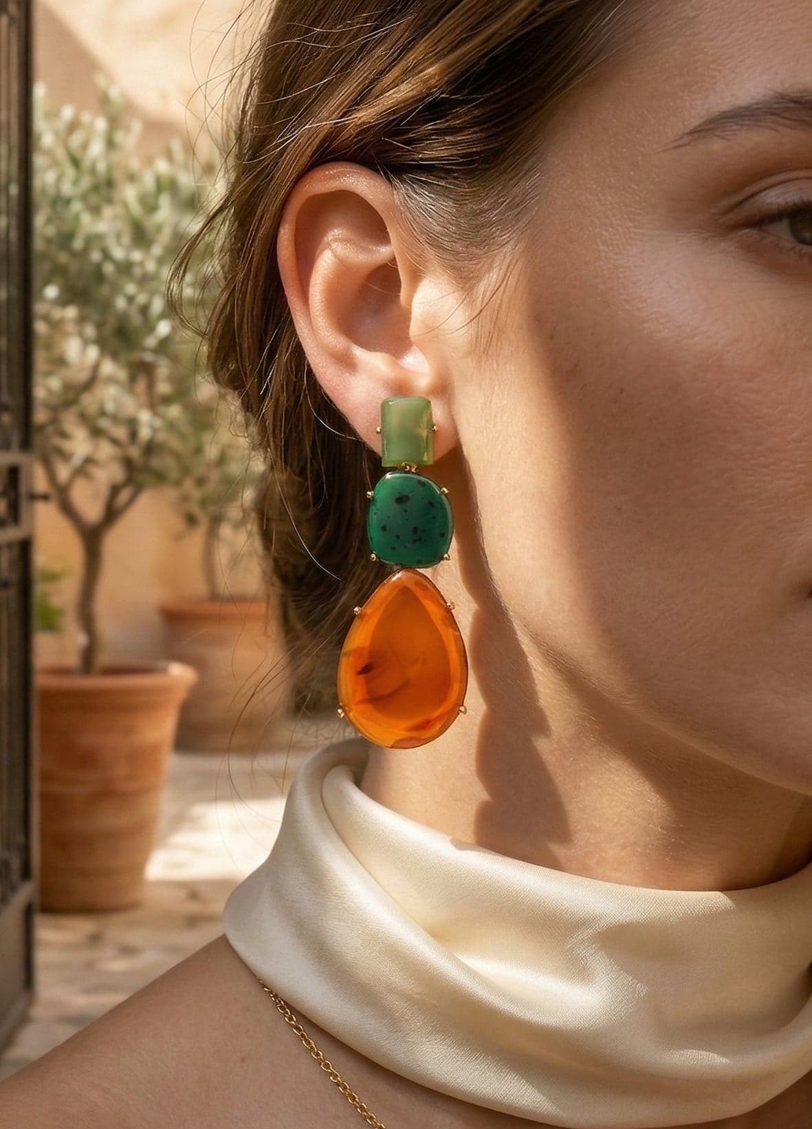 Gold-Plated Brass, Glass Stone Dangle Earrings