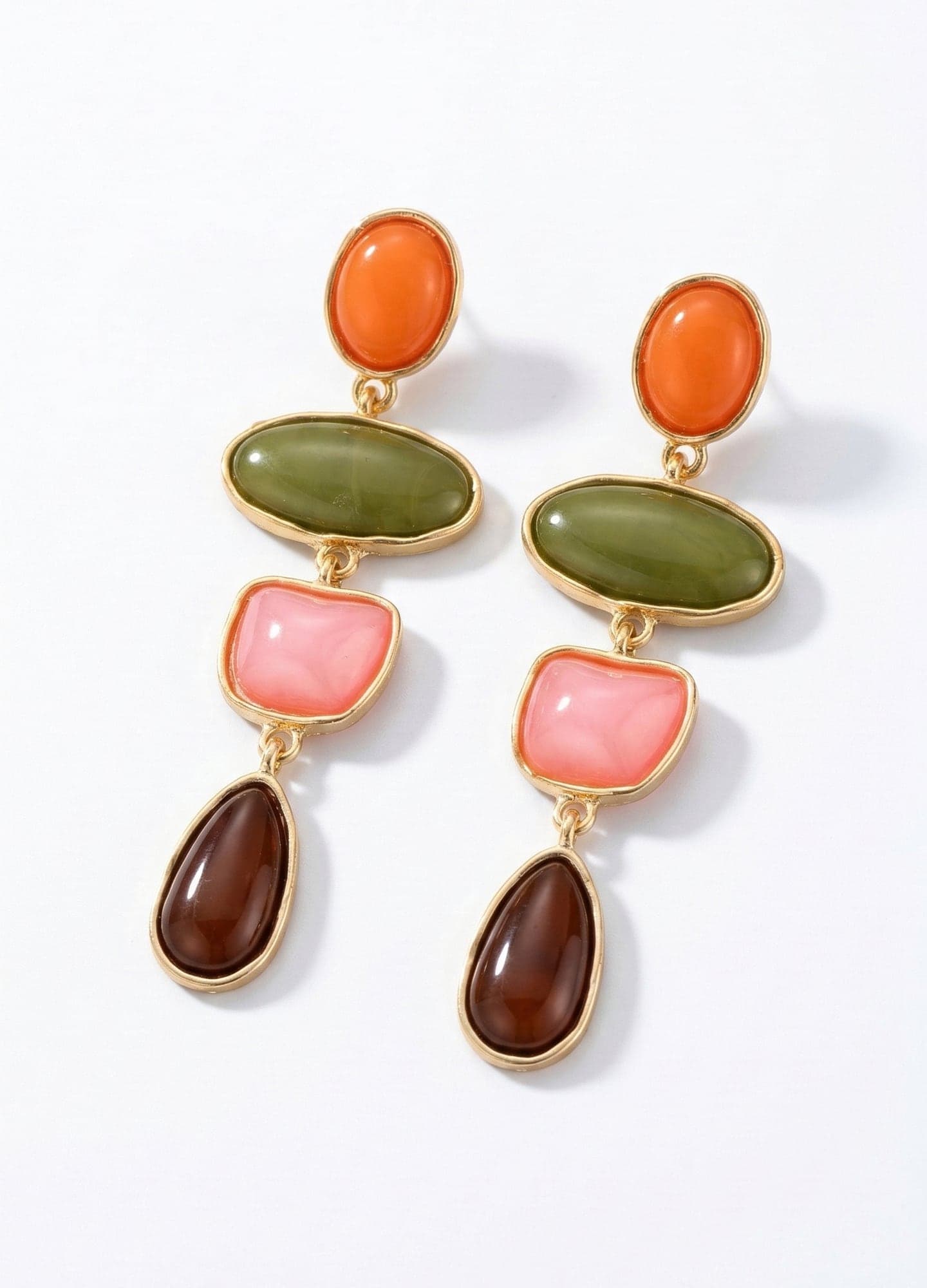Gold-Plated Brass, Mixed Color Enamel Dangling Long Earrings
