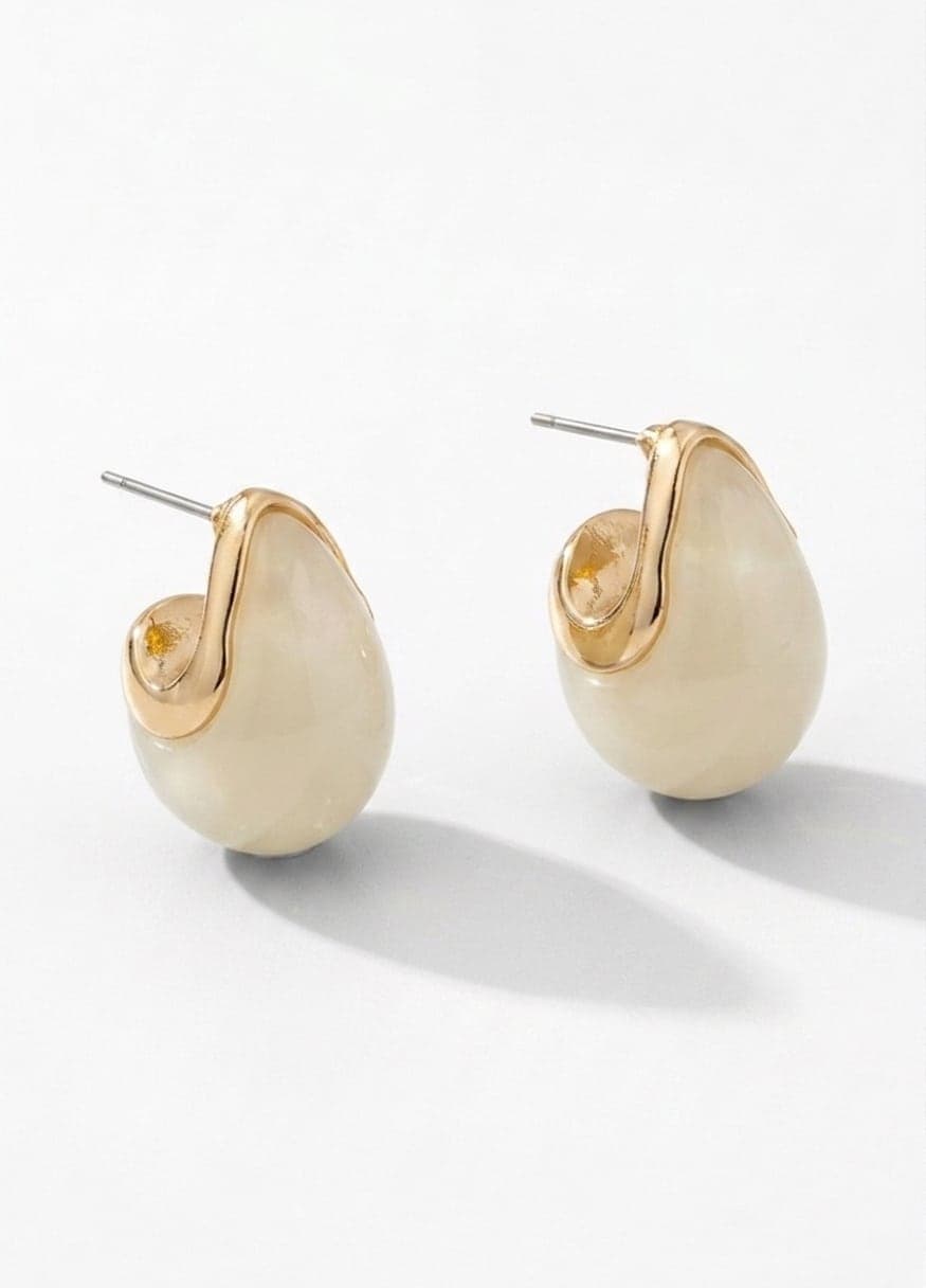 Gold-Plated Brass, White Enamel Teardrop Earrings