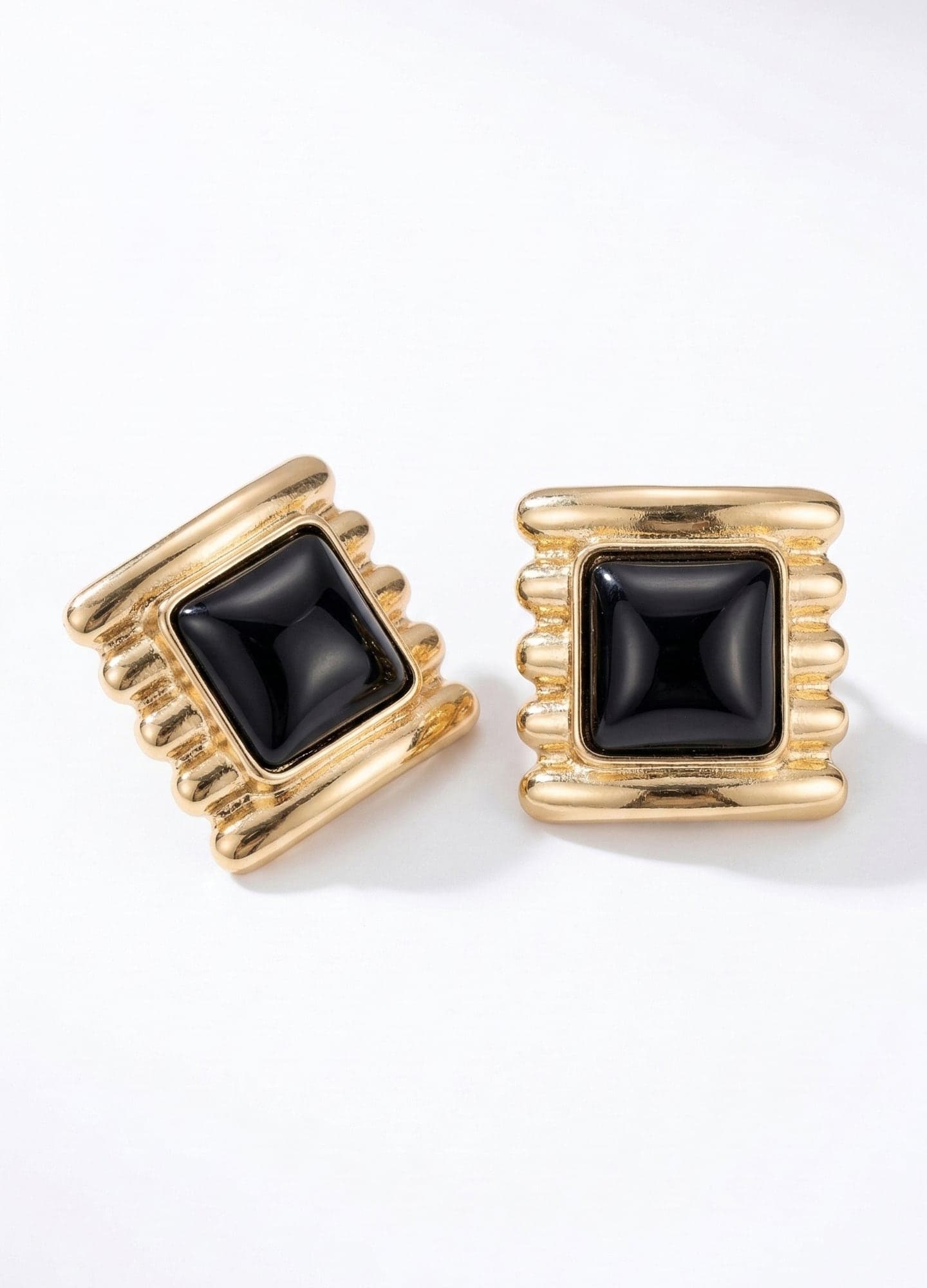 Gold-Plated Brass, Black Stone-Look Square Earrings
