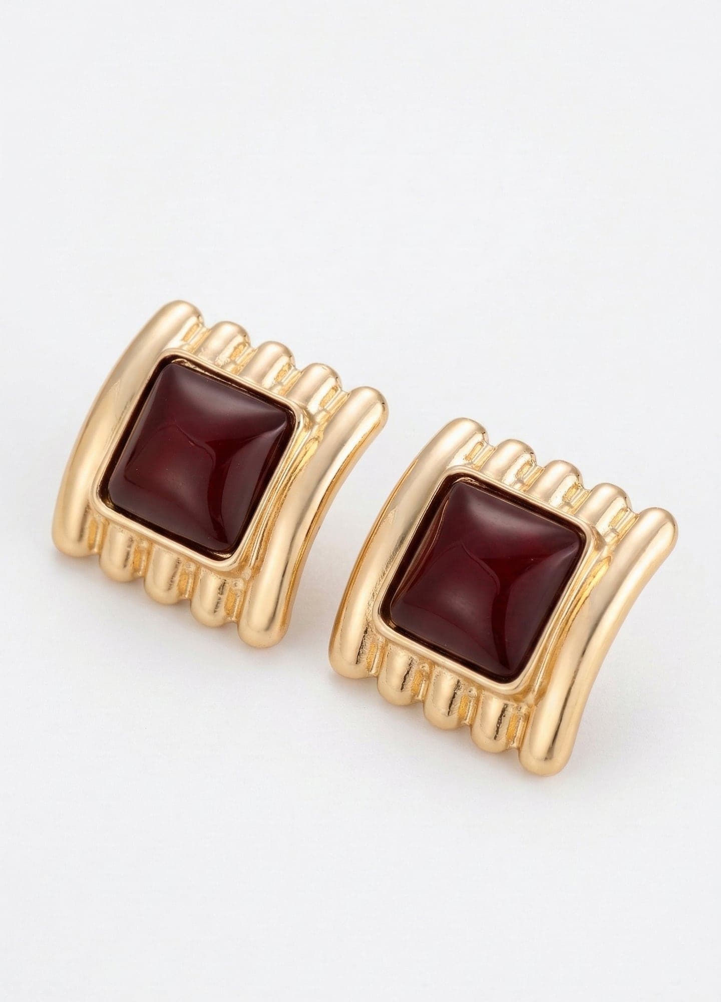 Gold-Plated Brass, Burgundy Stone-Look Square Earrings